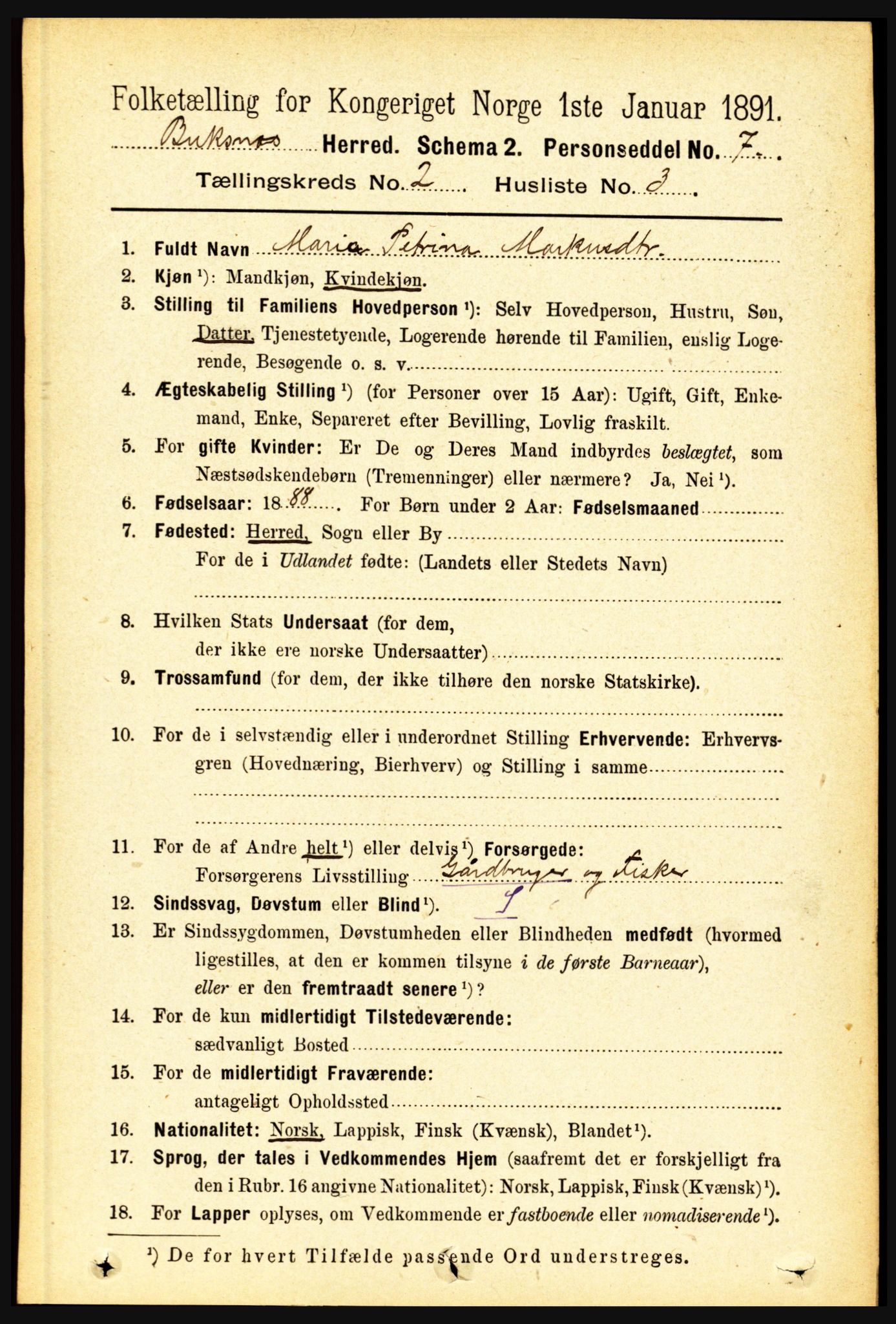 RA, 1891 census for 1860 Buksnes, 1891, p. 1620