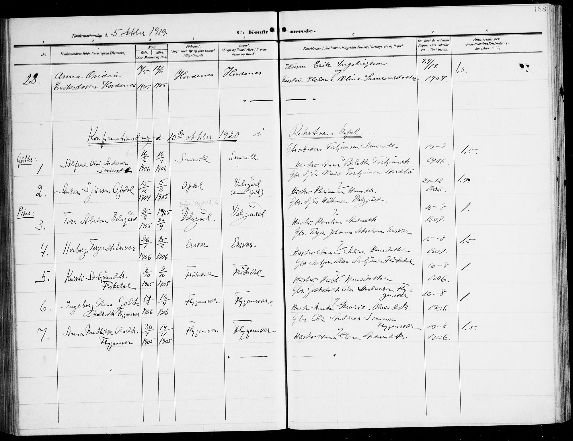 Tysnes sokneprestembete, AV/SAB-A-78601/H/Haa: Parish register (official) no. D 2, 1905-1922, p. 188