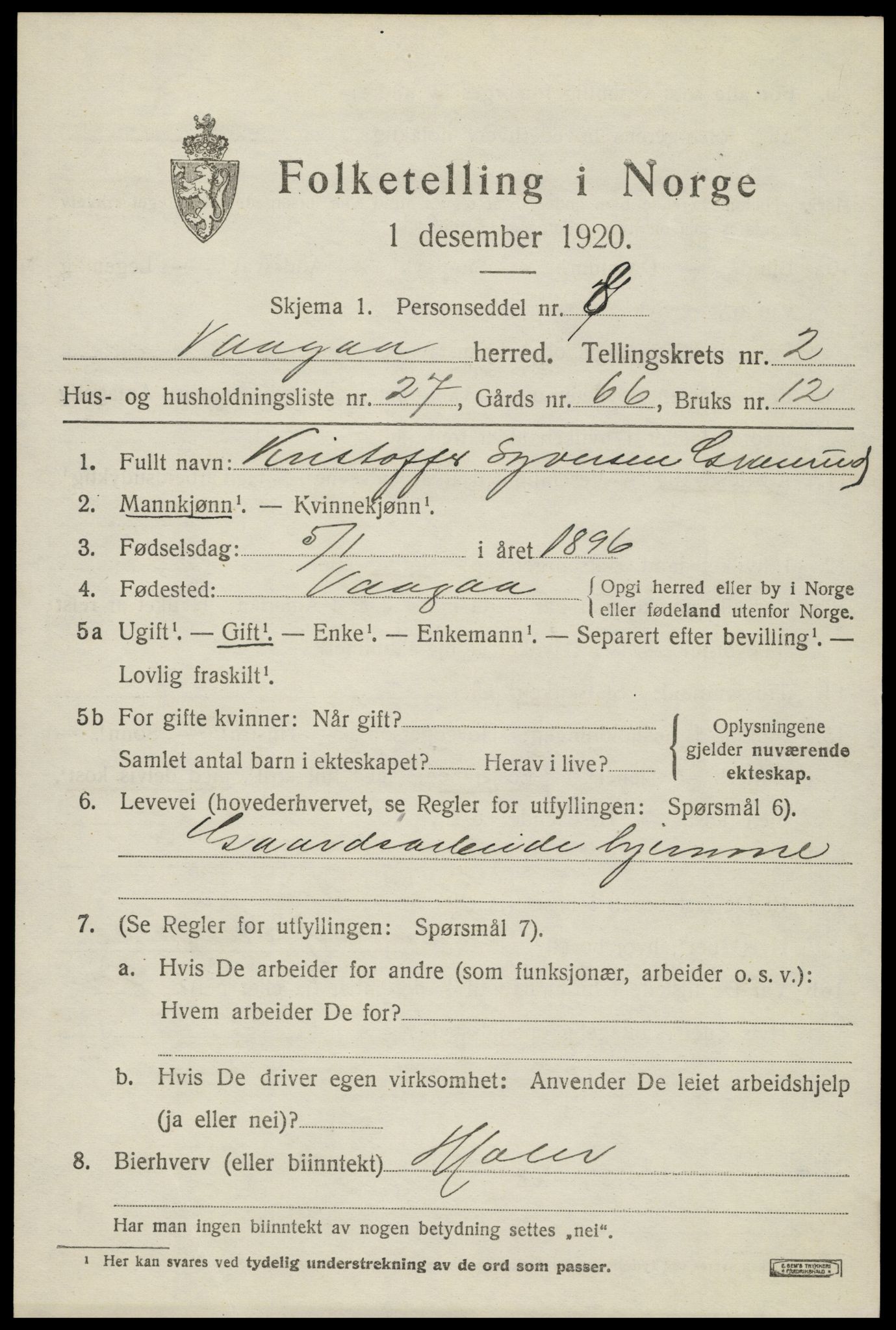 SAH, 1920 census for Vågå, 1920, p. 2340