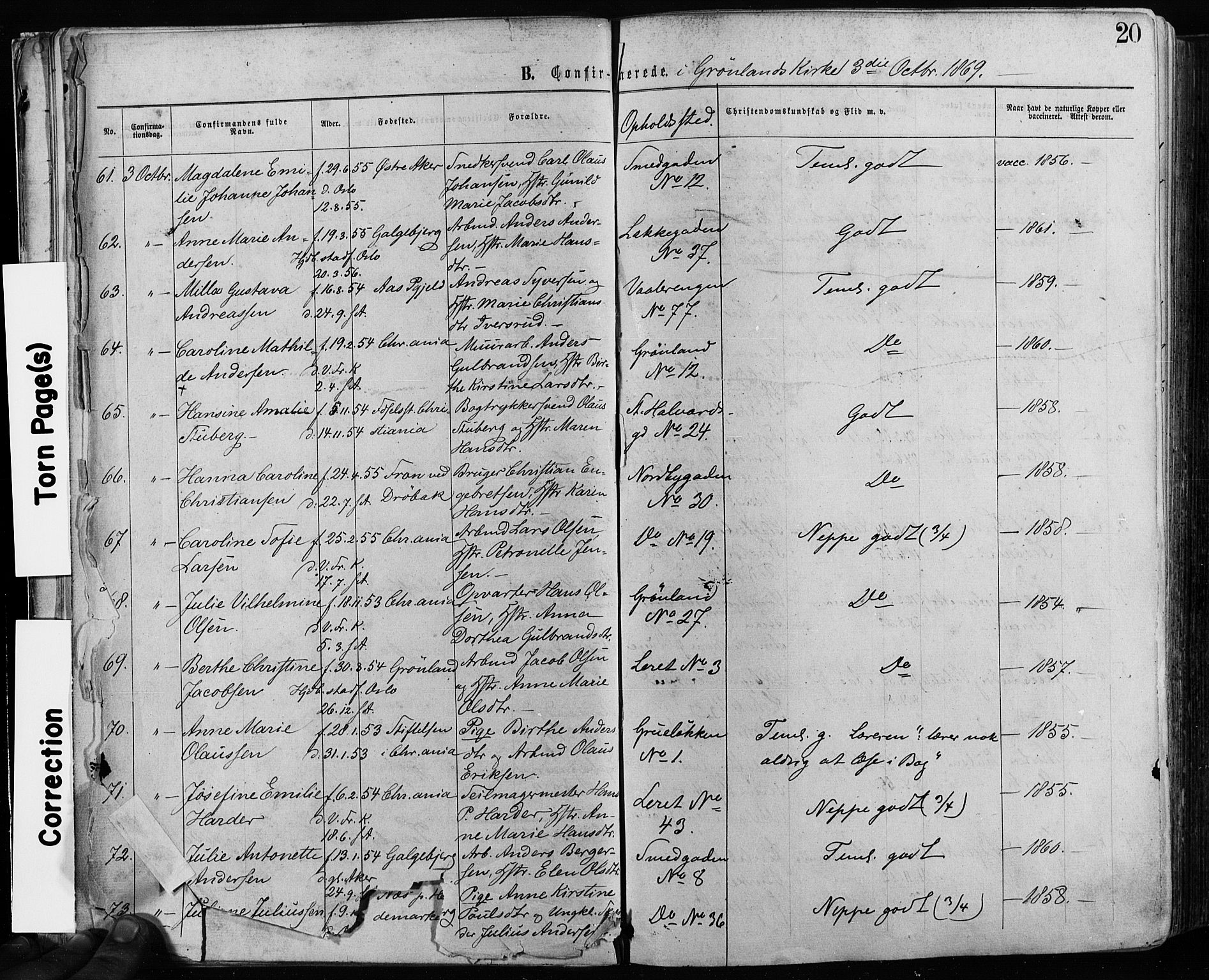 Grønland prestekontor Kirkebøker, AV/SAO-A-10848/F/Fa/L0005: Parish register (official) no. 5, 1869-1880, p. 20