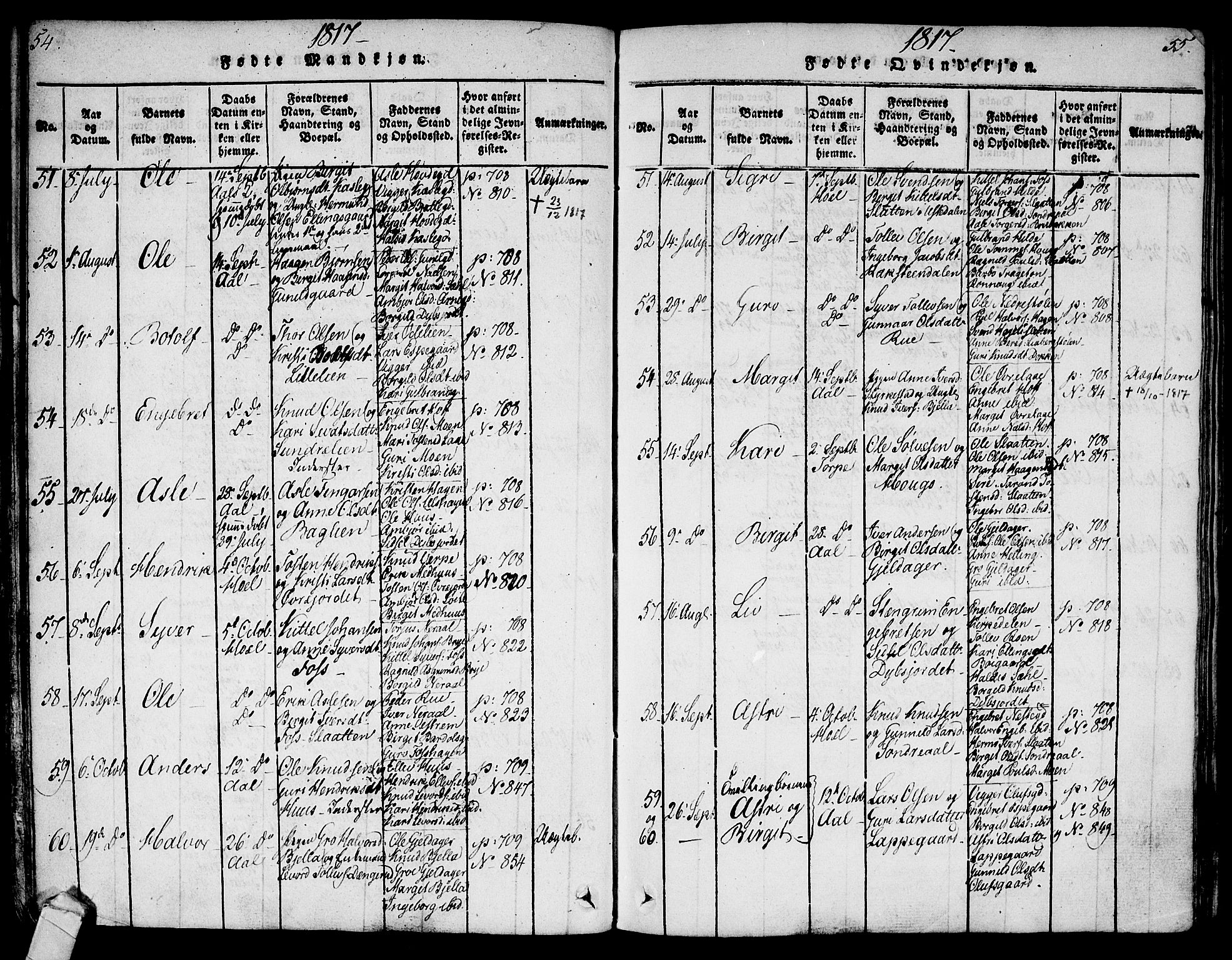 Ål kirkebøker, SAKO/A-249/F/Fa/L0004: Parish register (official) no. I 4, 1815-1825, p. 54-55