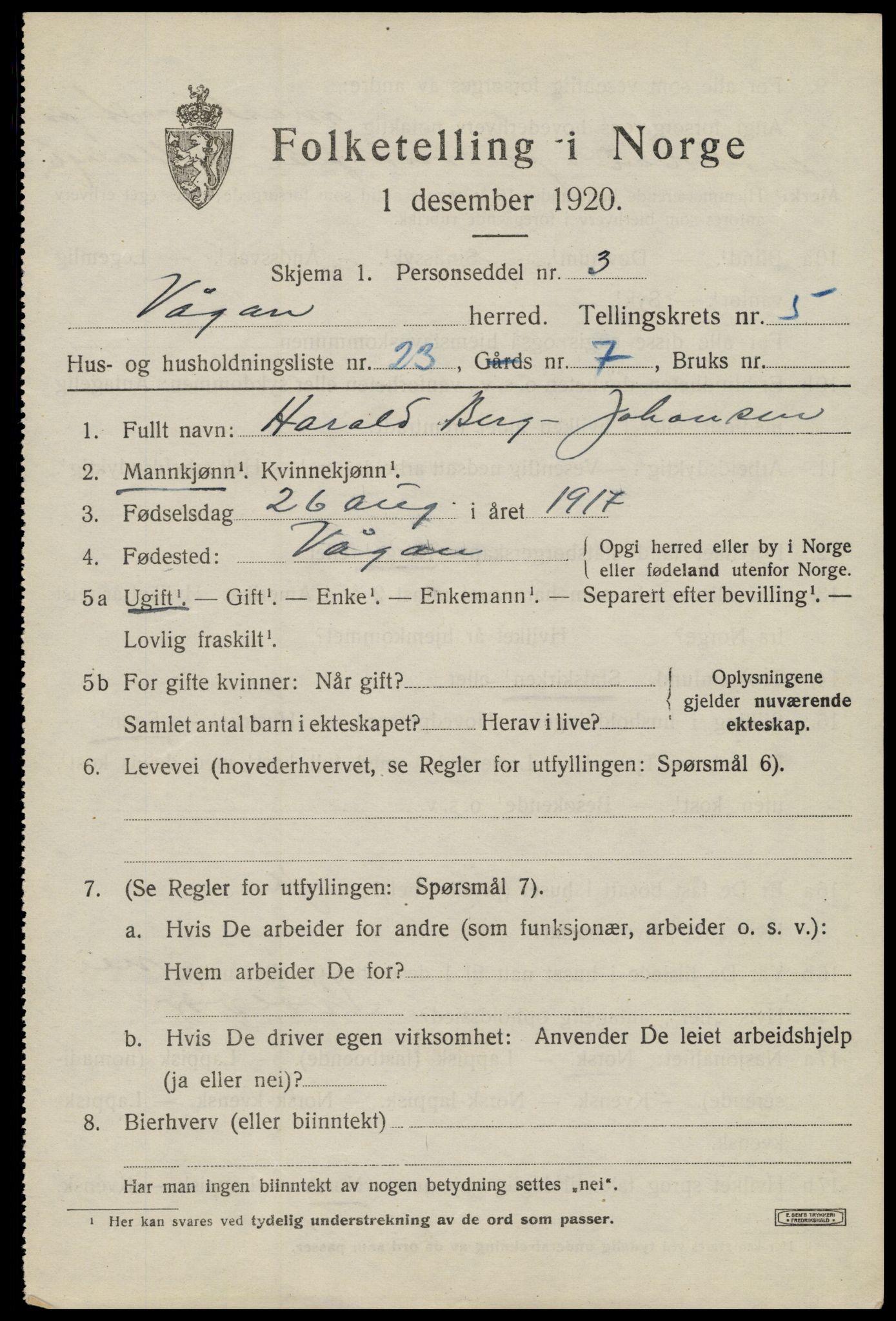 SAT, 1920 census for Vågan, 1920, p. 5425