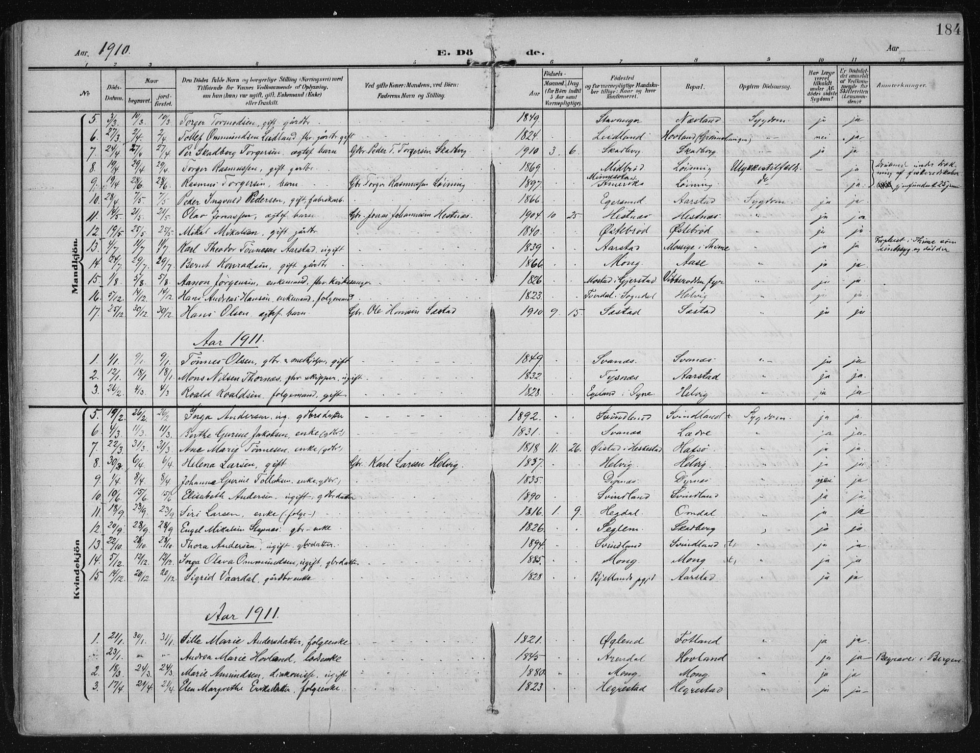 Eigersund sokneprestkontor, SAST/A-101807/S08/L0021: Parish register (official) no. A 20, 1906-1928, p. 184