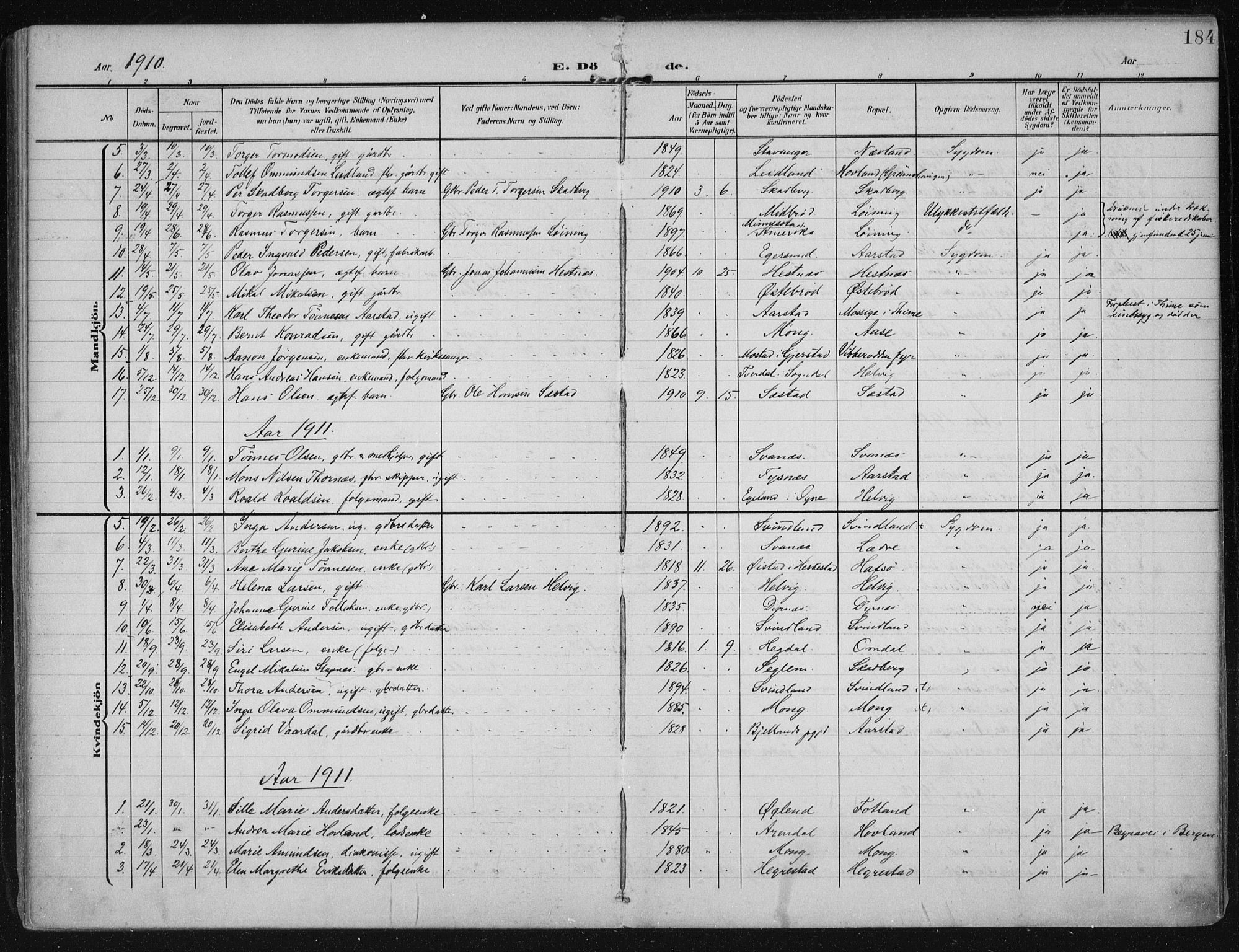 Eigersund sokneprestkontor, AV/SAST-A-101807/S08/L0021: Parish register (official) no. A 20, 1906-1928, p. 184