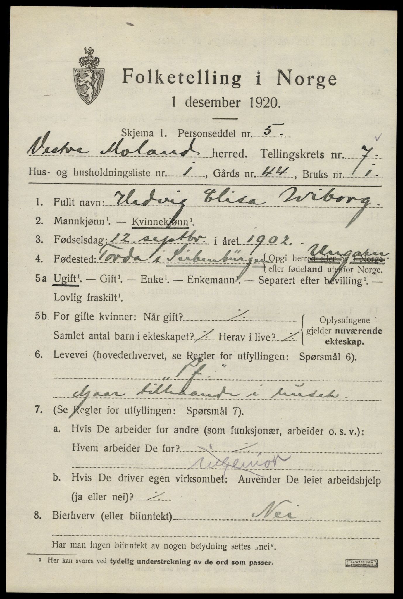 SAK, 1920 census for Vestre Moland, 1920, p. 4777