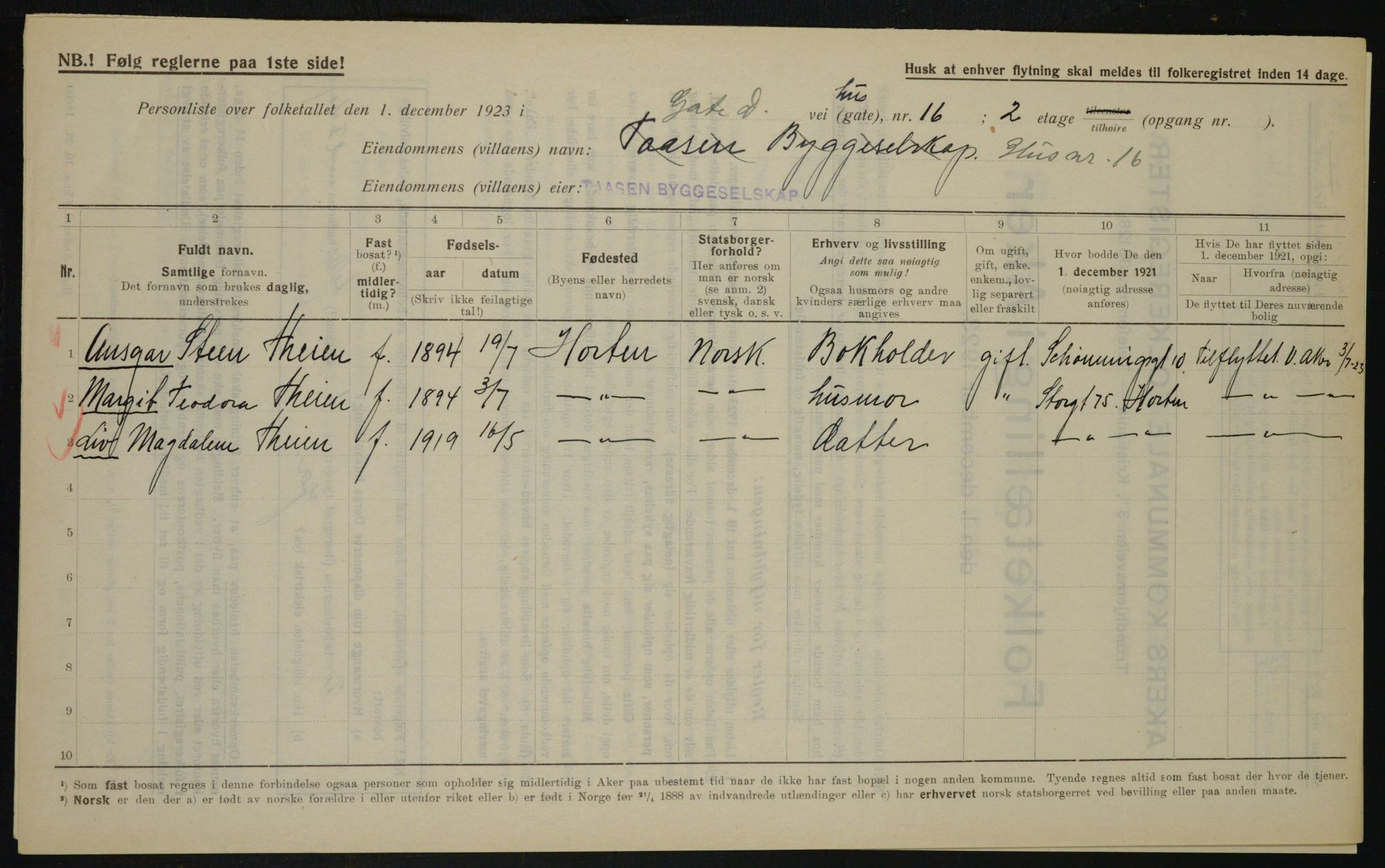 , Municipal Census 1923 for Aker, 1923, p. 19308