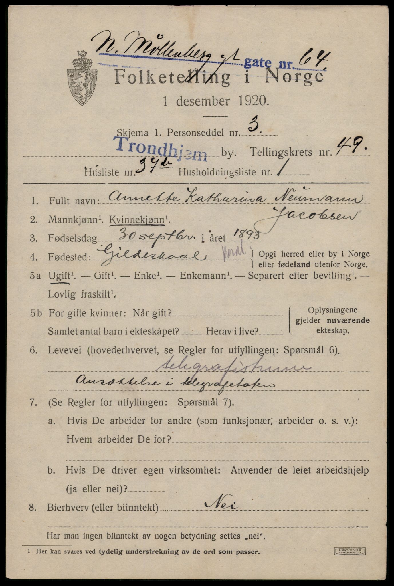 SAT, 1920 census for Trondheim, 1920, p. 103704