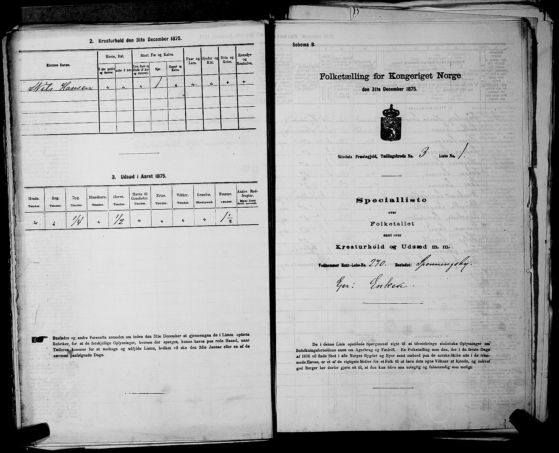 RA, 1875 census for 0233P Nittedal, 1875, p. 609