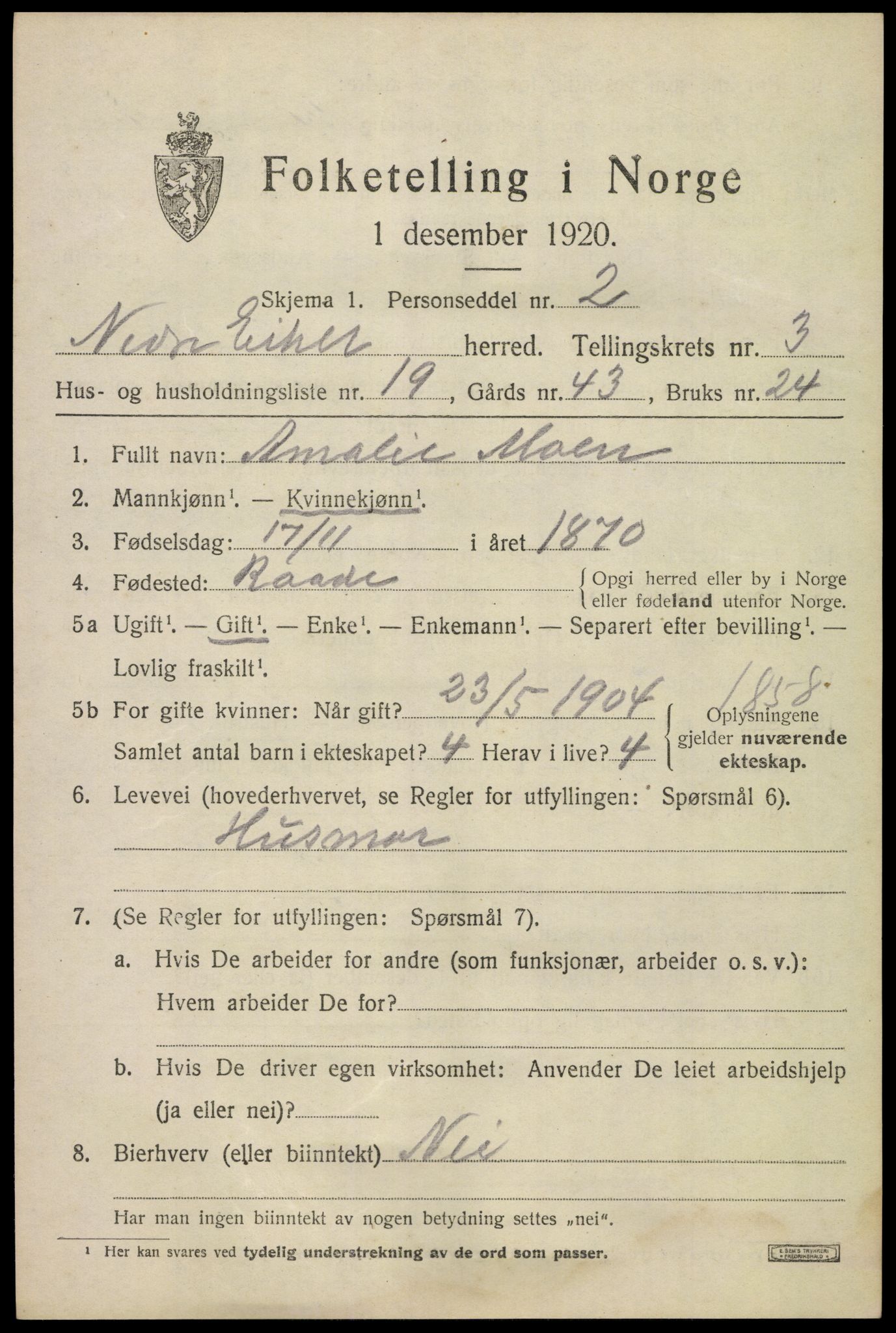 SAKO, 1920 census for Nedre Eiker, 1920, p. 4521