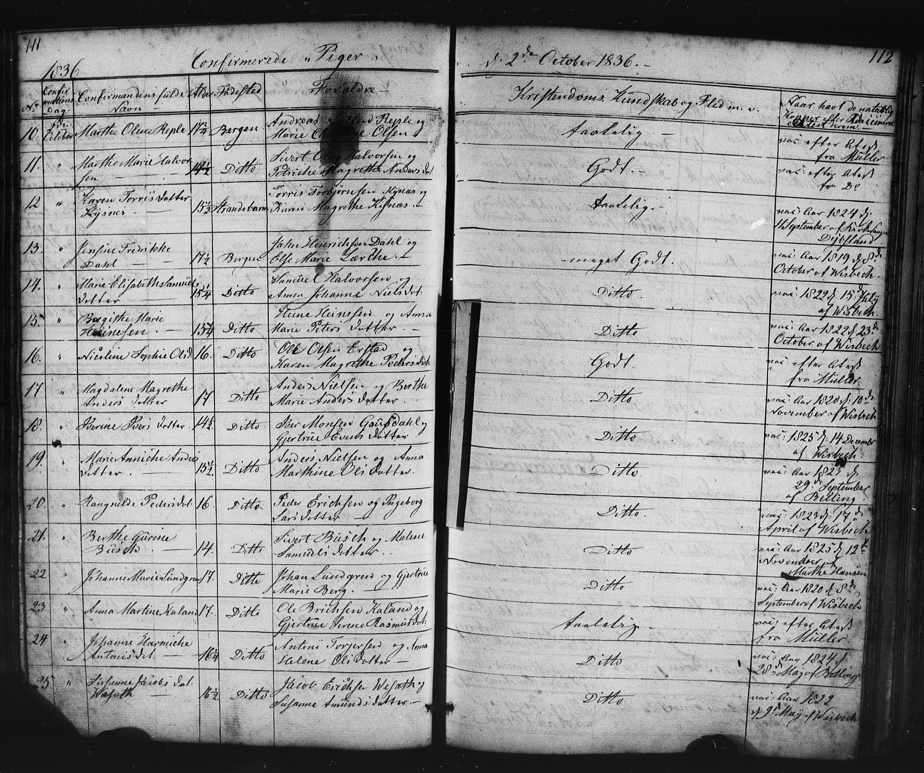 Domkirken sokneprestembete, AV/SAB-A-74801/H/Haa/L0063: Curate's parish register no. A 1, 1821-1848, p. 111-112