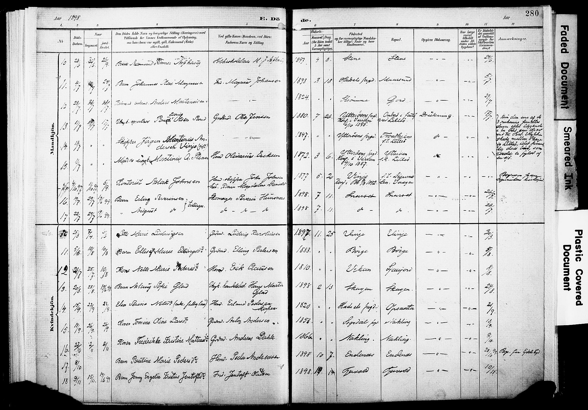 Ministerialprotokoller, klokkerbøker og fødselsregistre - Nordland, AV/SAT-A-1459/891/L1305: Parish register (official) no. 891A10, 1895-1921, p. 280