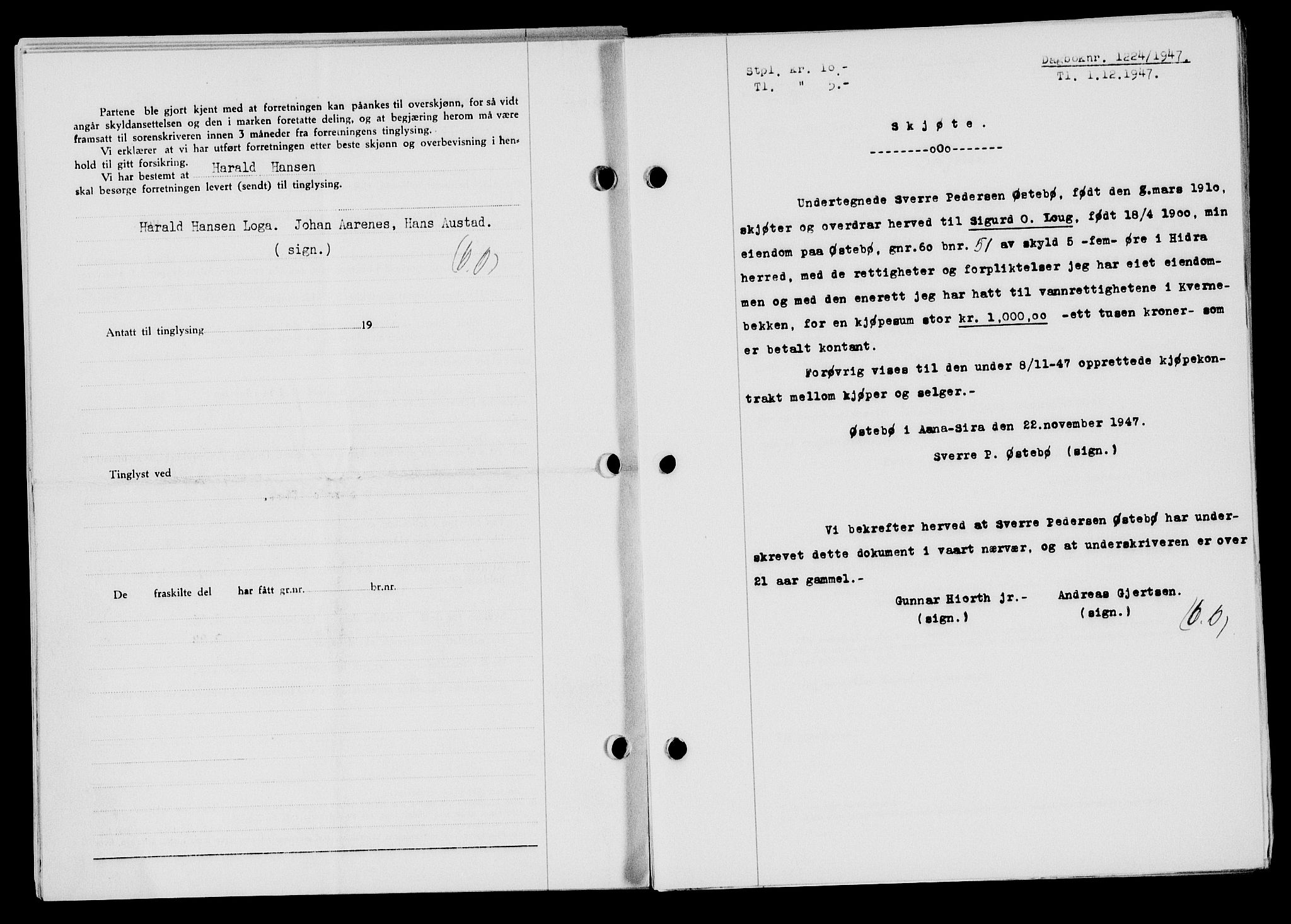 Flekkefjord sorenskriveri, AV/SAK-1221-0001/G/Gb/Gba/L0063: Mortgage book no. A-11, 1947-1948, Diary no: : 1224/1947