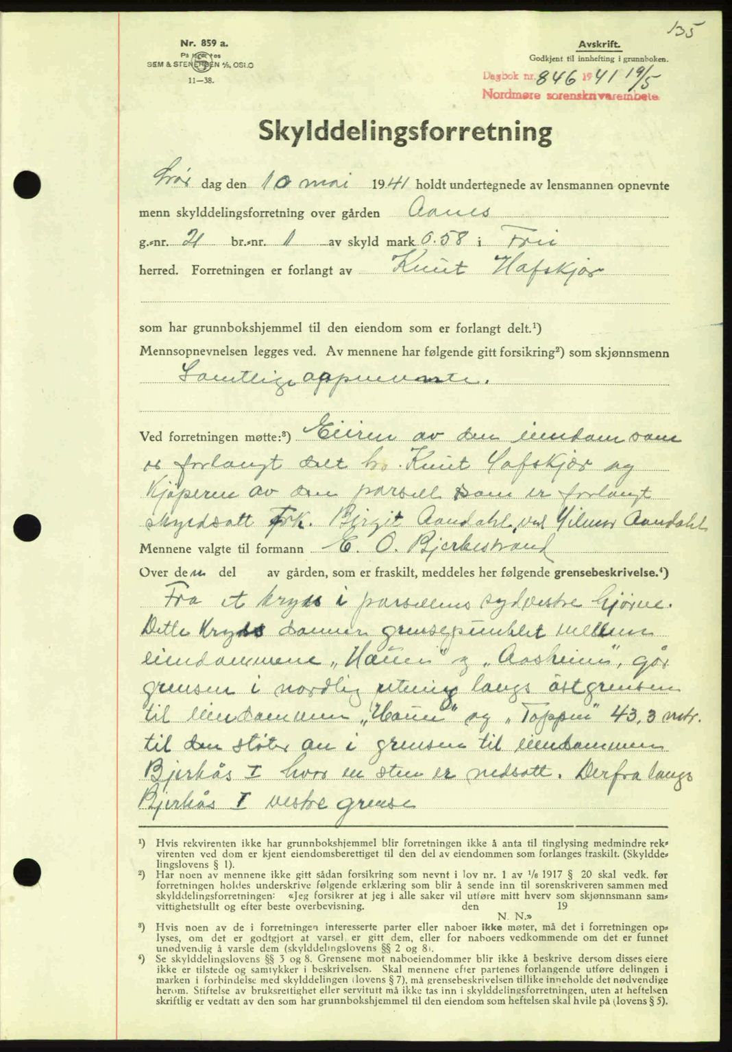 Nordmøre sorenskriveri, SAT/A-4132/1/2/2Ca: Mortgage book no. A90, 1941-1941, Diary no: : 846/1941
