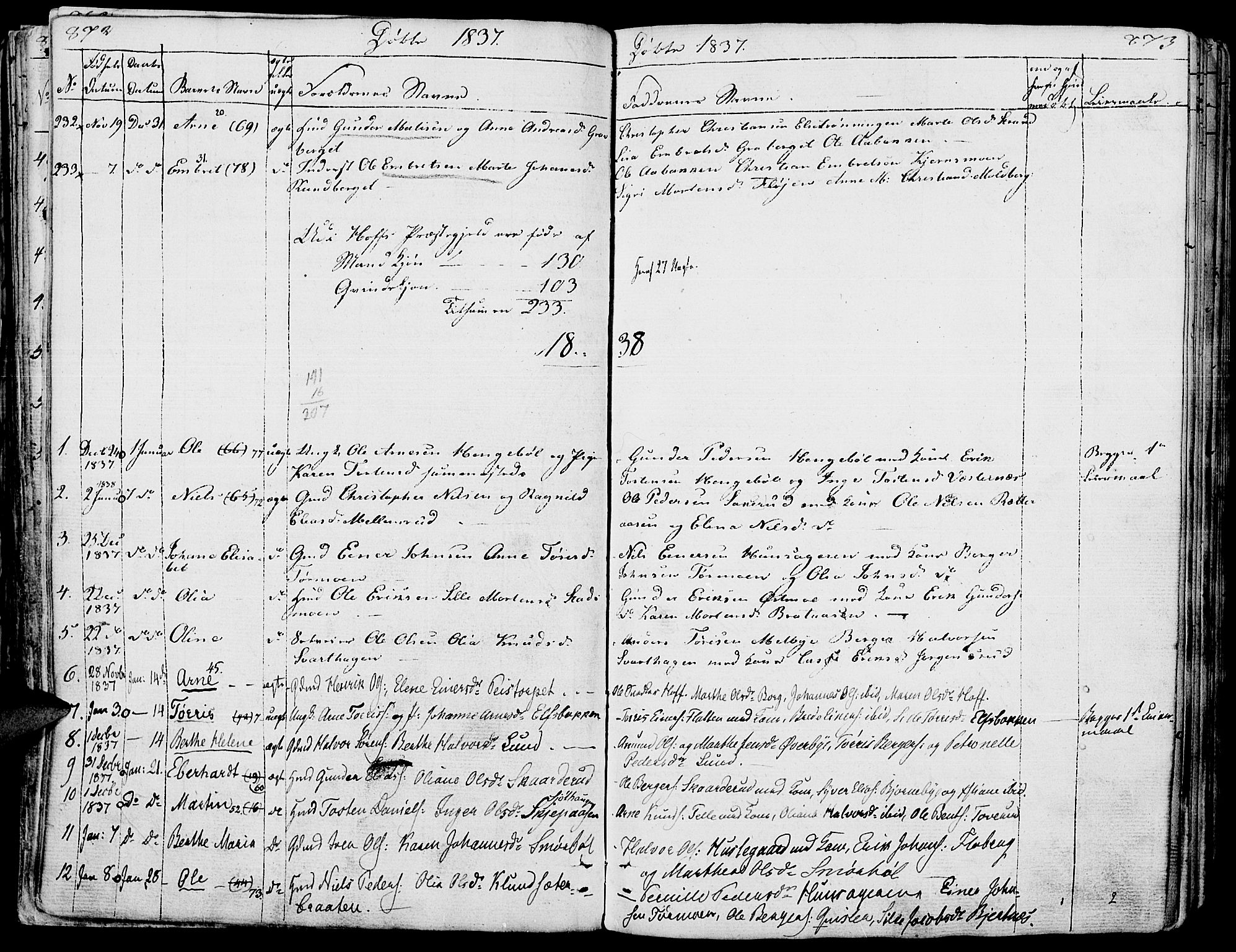 Hof prestekontor, SAH/PREST-038/H/Ha/Haa/L0006: Parish register (official) no. 6, 1822-1841, p. 872-873