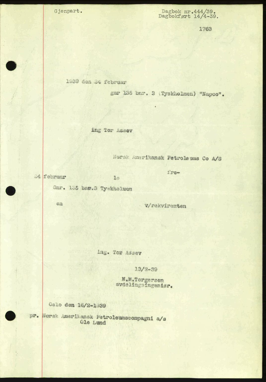 Ålesund byfogd, AV/SAT-A-4384: Mortgage book no. 34 II, 1938-1940, Diary no: : 444/1939