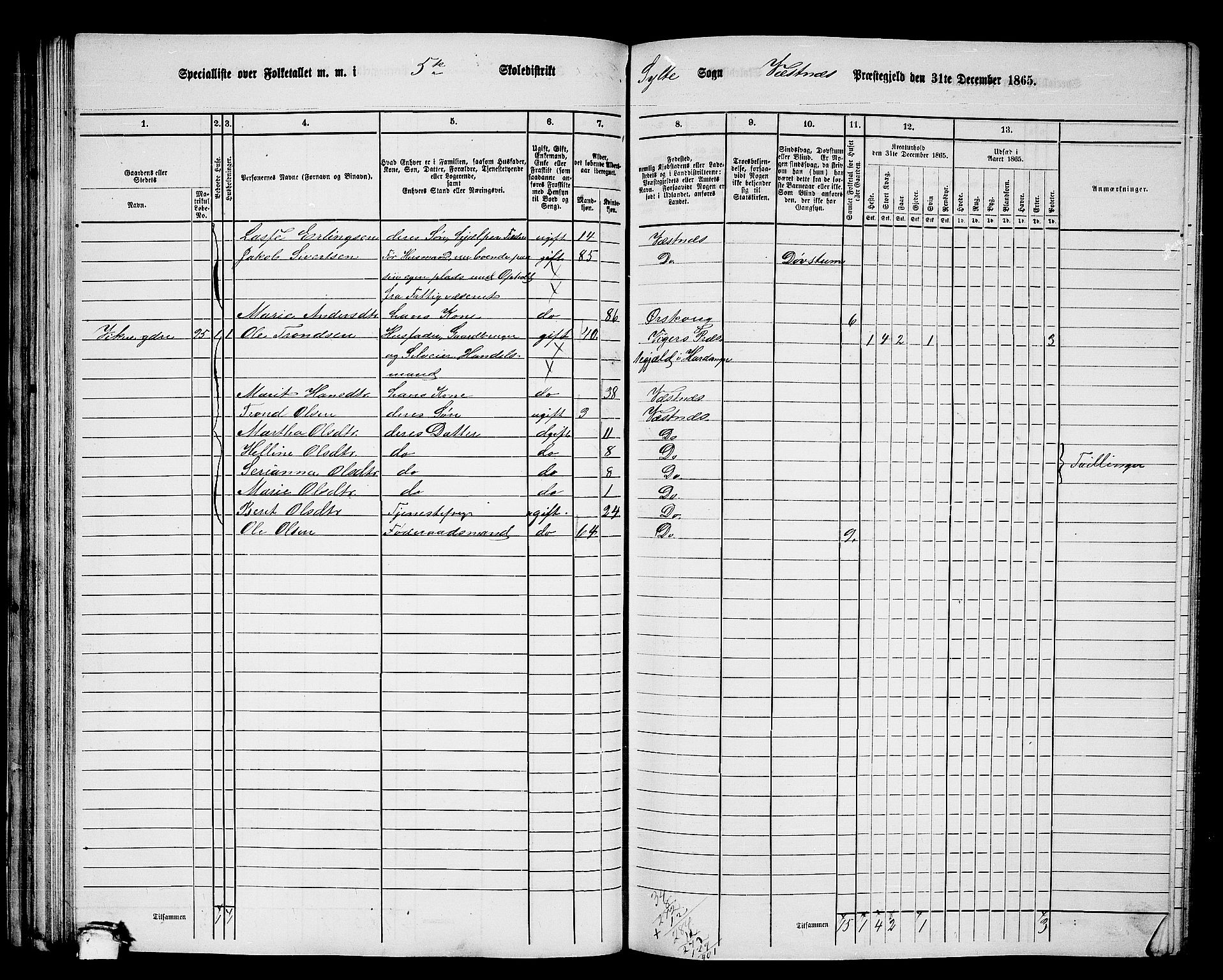 RA, 1865 census for Vestnes, 1865, p. 71