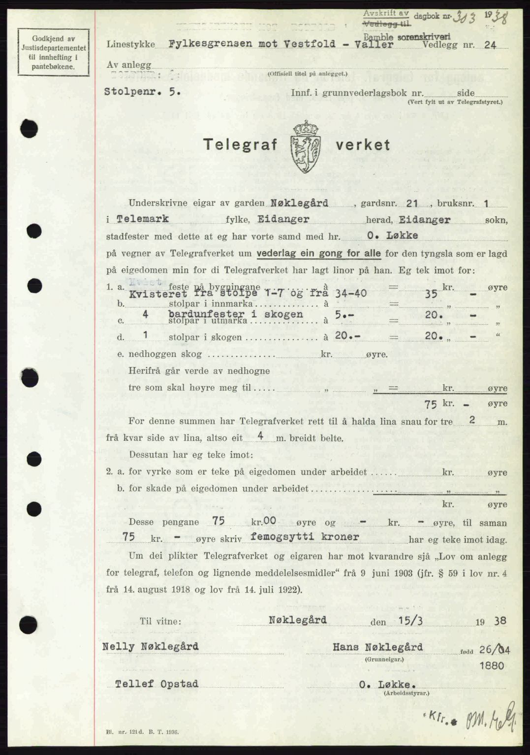 Bamble sorenskriveri, AV/SAKO-A-214/G/Ga/Gag/L0002: Mortgage book no. A-2, 1937-1938, Diary no: : 303/1938