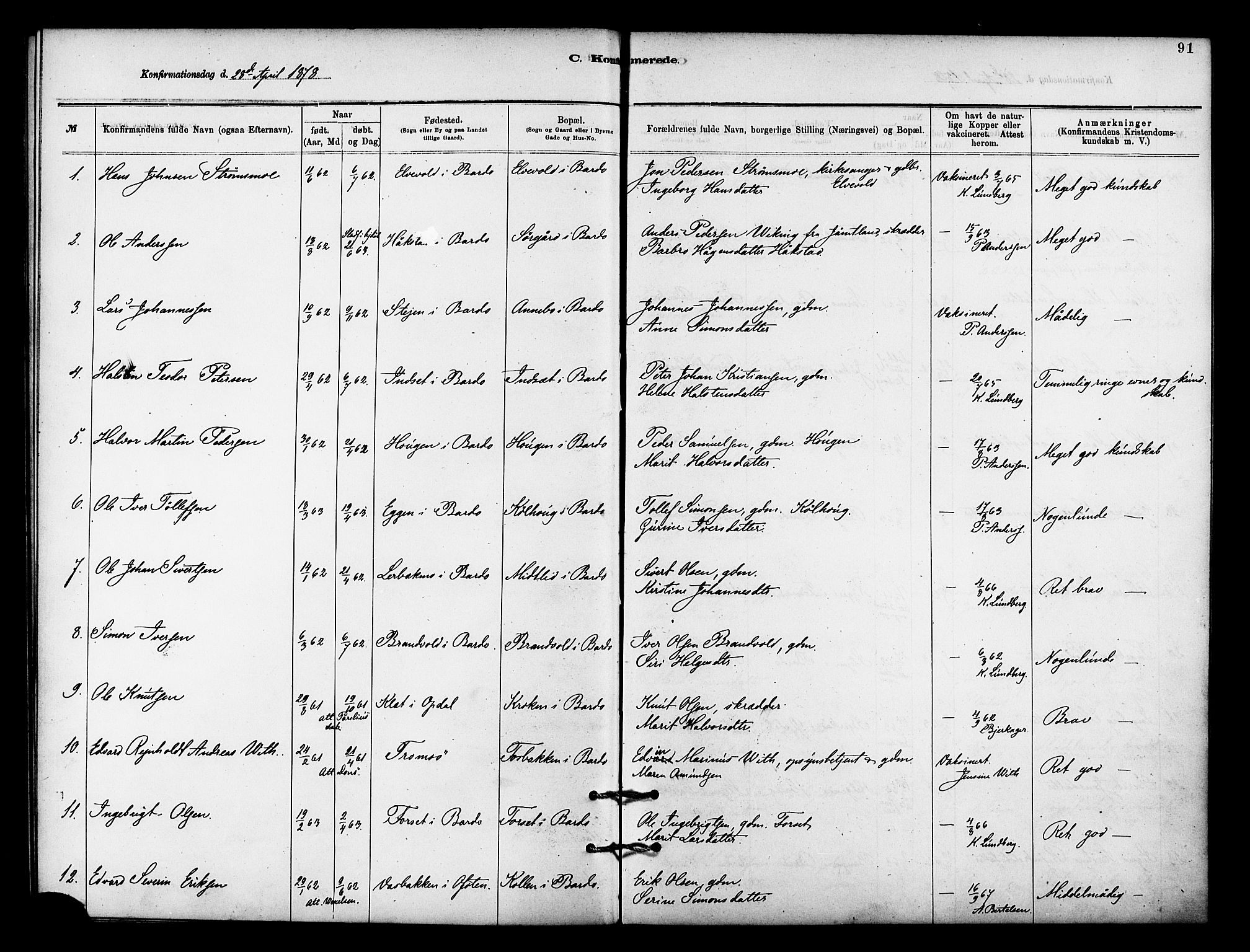 Målselv sokneprestembete, SATØ/S-1311/G/Ga/Gaa/L0009kirke: Parish register (official) no. 9, 1878-1889, p. 91