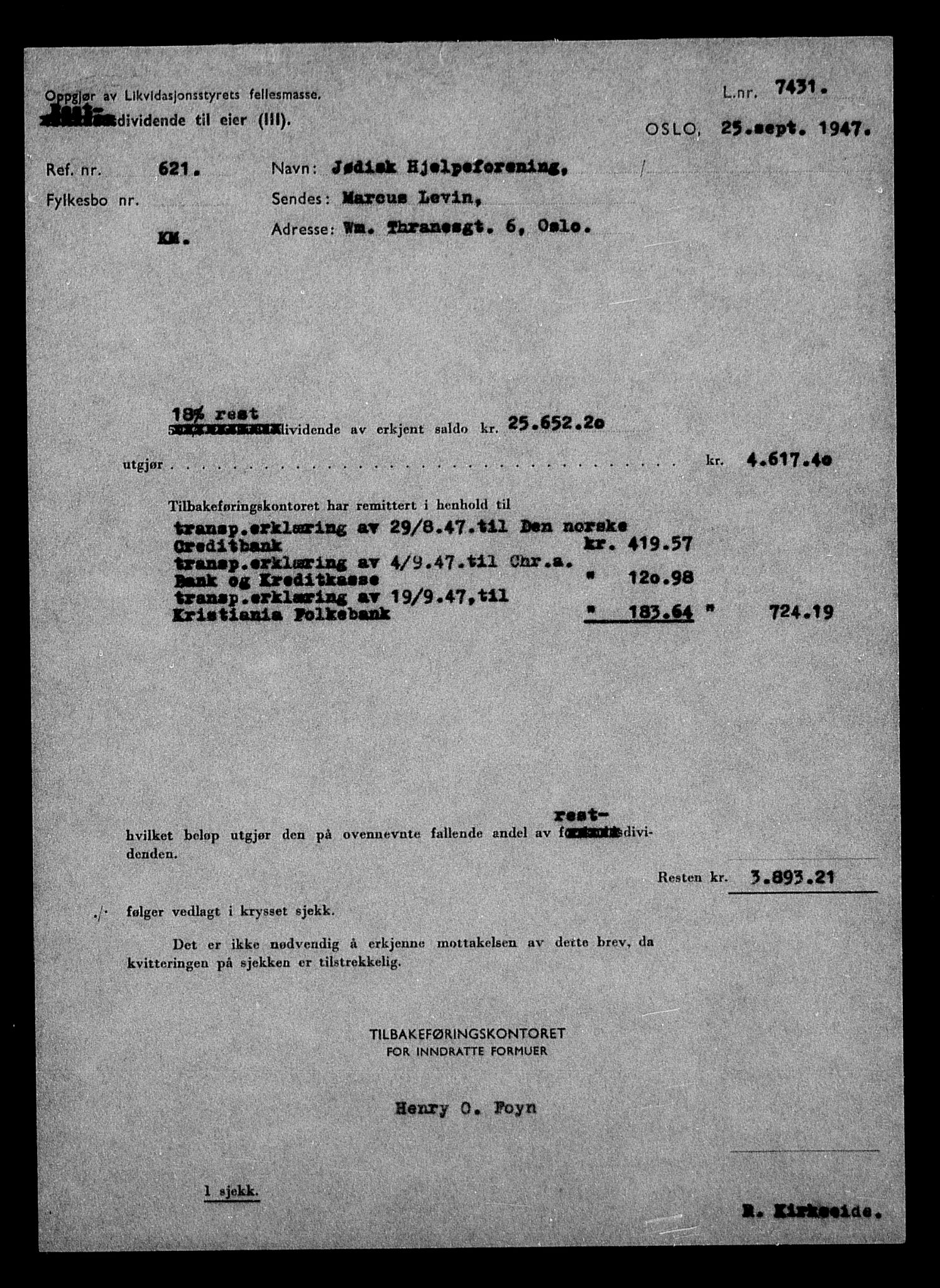 Justisdepartementet, Tilbakeføringskontoret for inndratte formuer, AV/RA-S-1564/H/Hc/Hcc/L0930: --, 1945-1947, p. 85