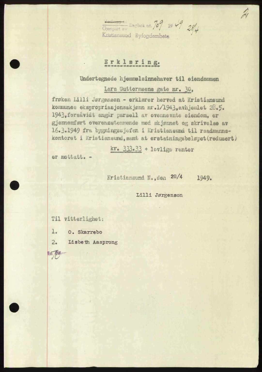 Kristiansund byfogd, AV/SAT-A-4587/A/27: Mortgage book no. 46, 1949-1950, Diary no: : 709/1949