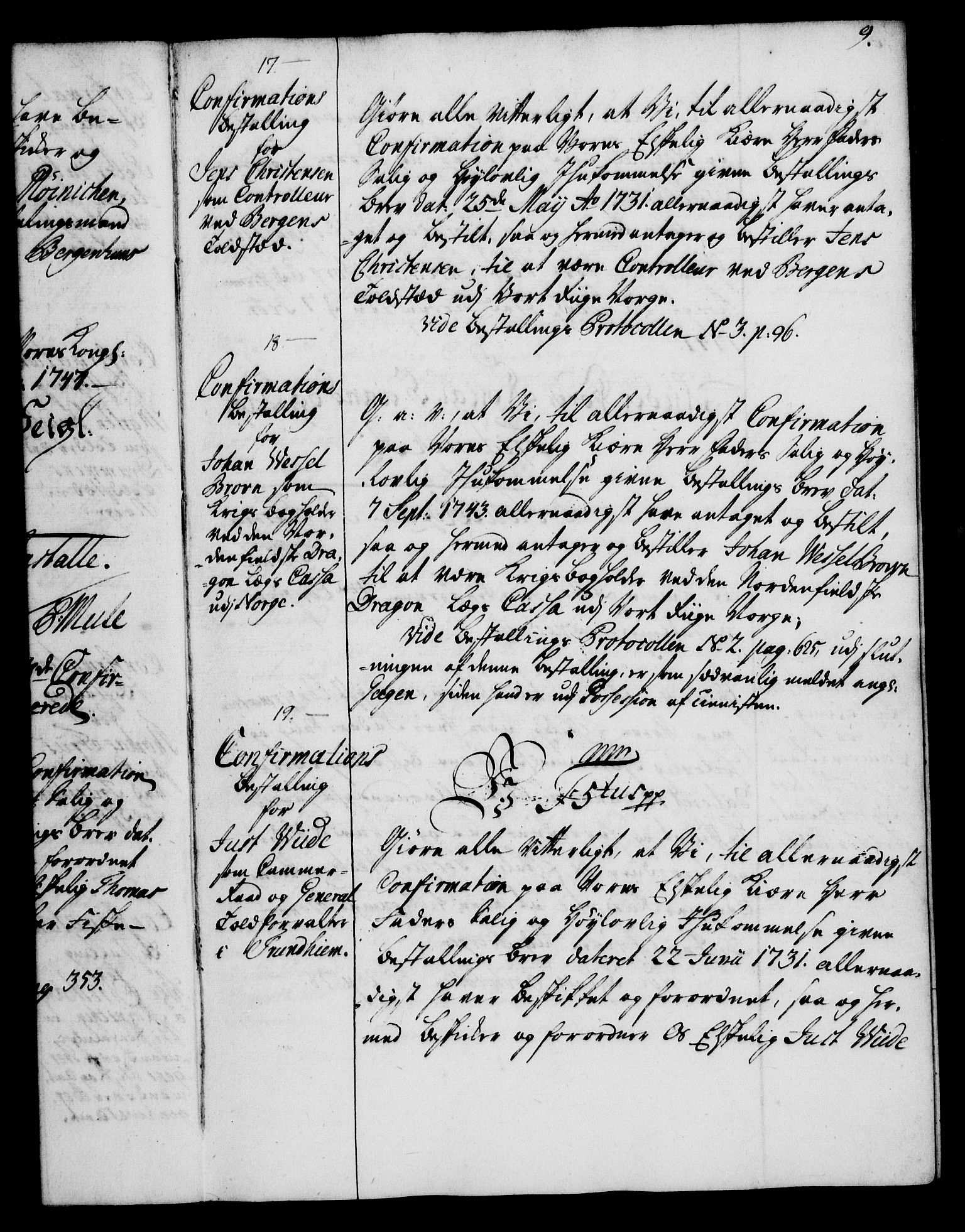 Rentekammeret, Kammerkanselliet, RA/EA-3111/G/Gg/Ggg/L0002: Norsk konfirmasjonsbestallingsprotokoll med register (merket RK 53.32), 1746-1748, p. 9