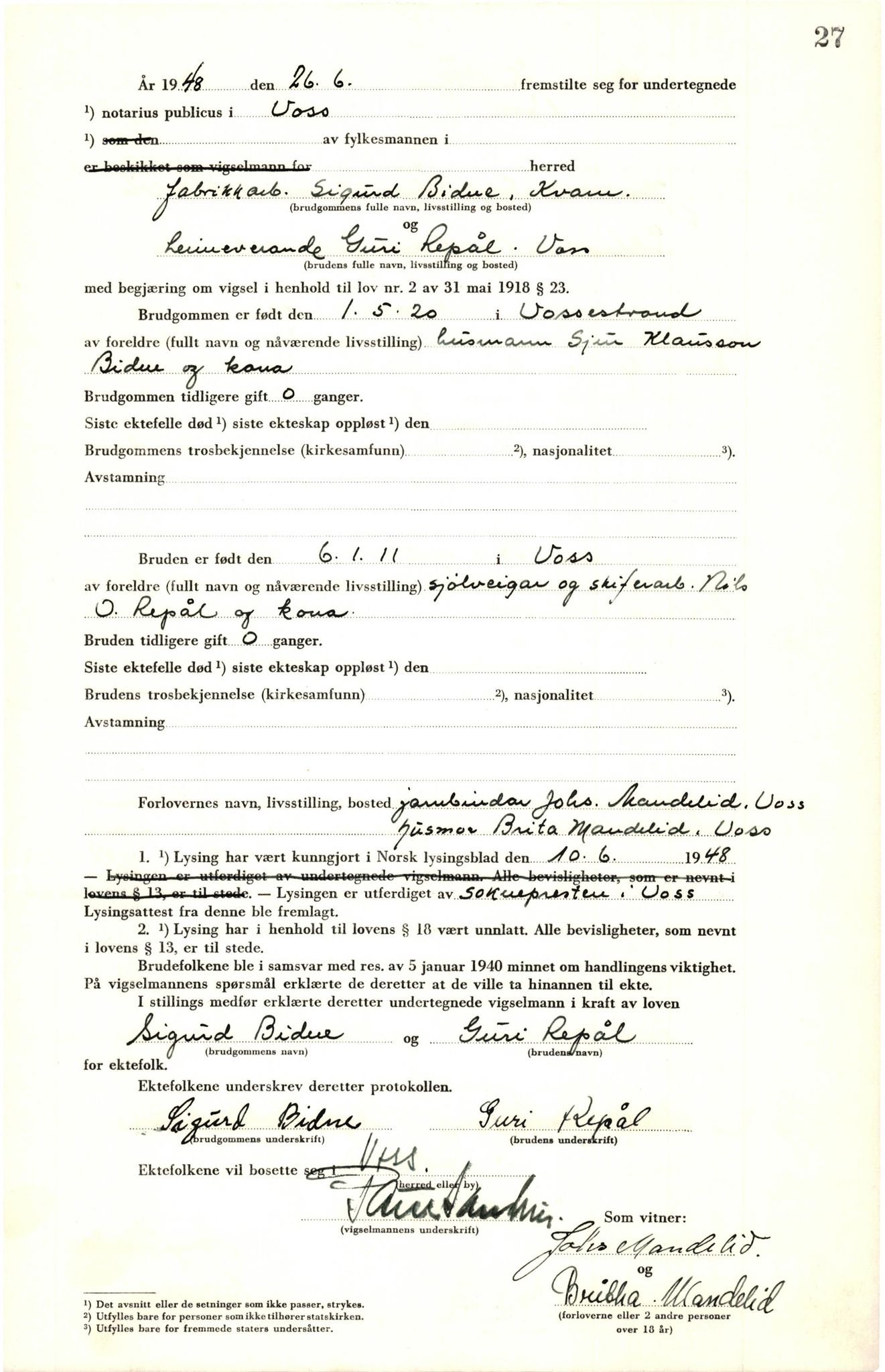 Voss sorenskrivar, AV/SAB-A-2701/M/Maa/L0003: Vigselbok, 1945-1969, p. 27