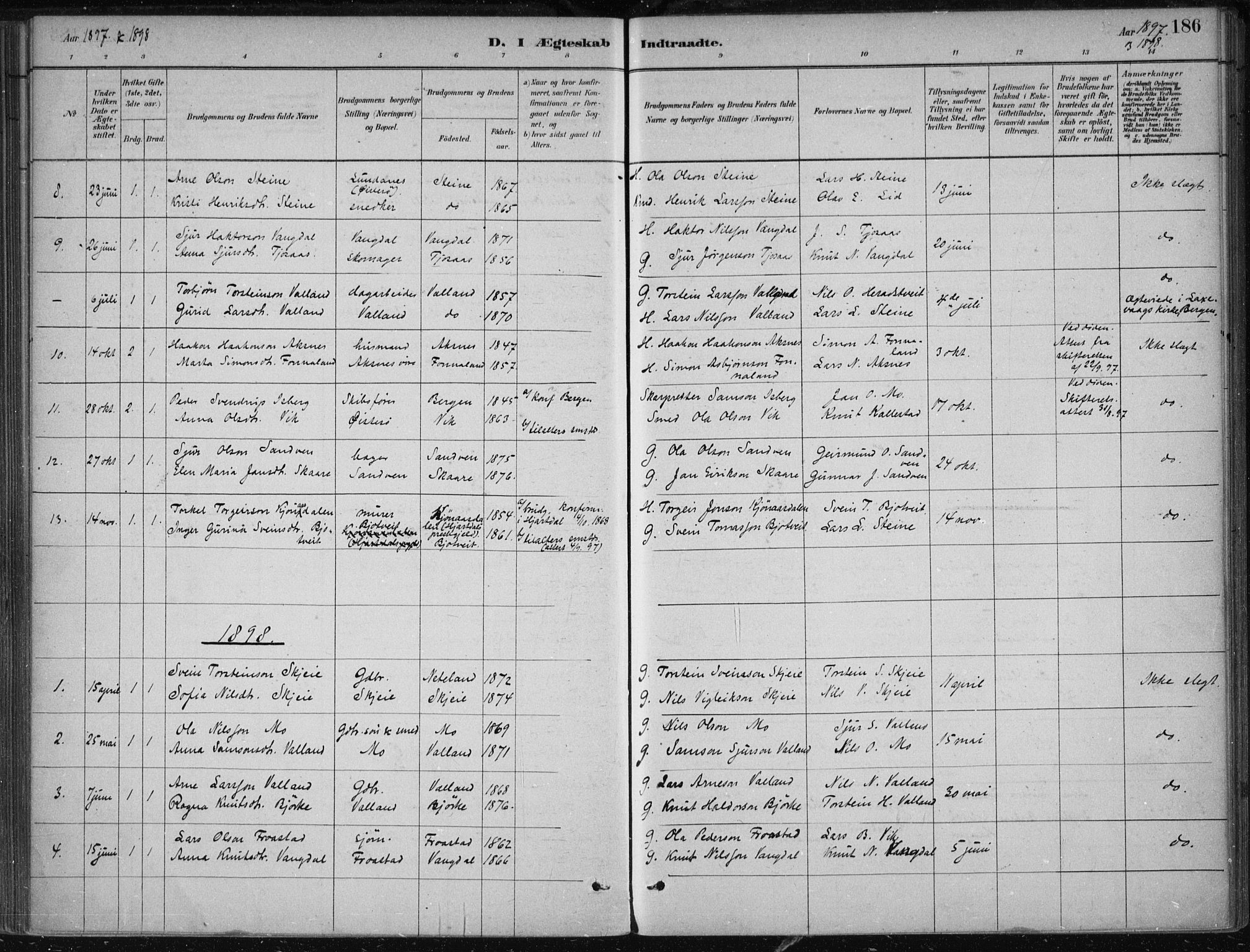 Kvam sokneprestembete, SAB/A-76201/H/Haa: Parish register (official) no. B  1, 1880-1908, p. 186