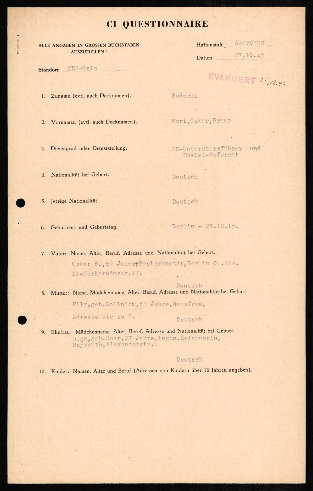 Forsvaret, Forsvarets overkommando II, AV/RA-RAFA-3915/D/Db/L0002: CI Questionaires. Tyske okkupasjonsstyrker i Norge. Tyskere., 1945-1946, p. 388