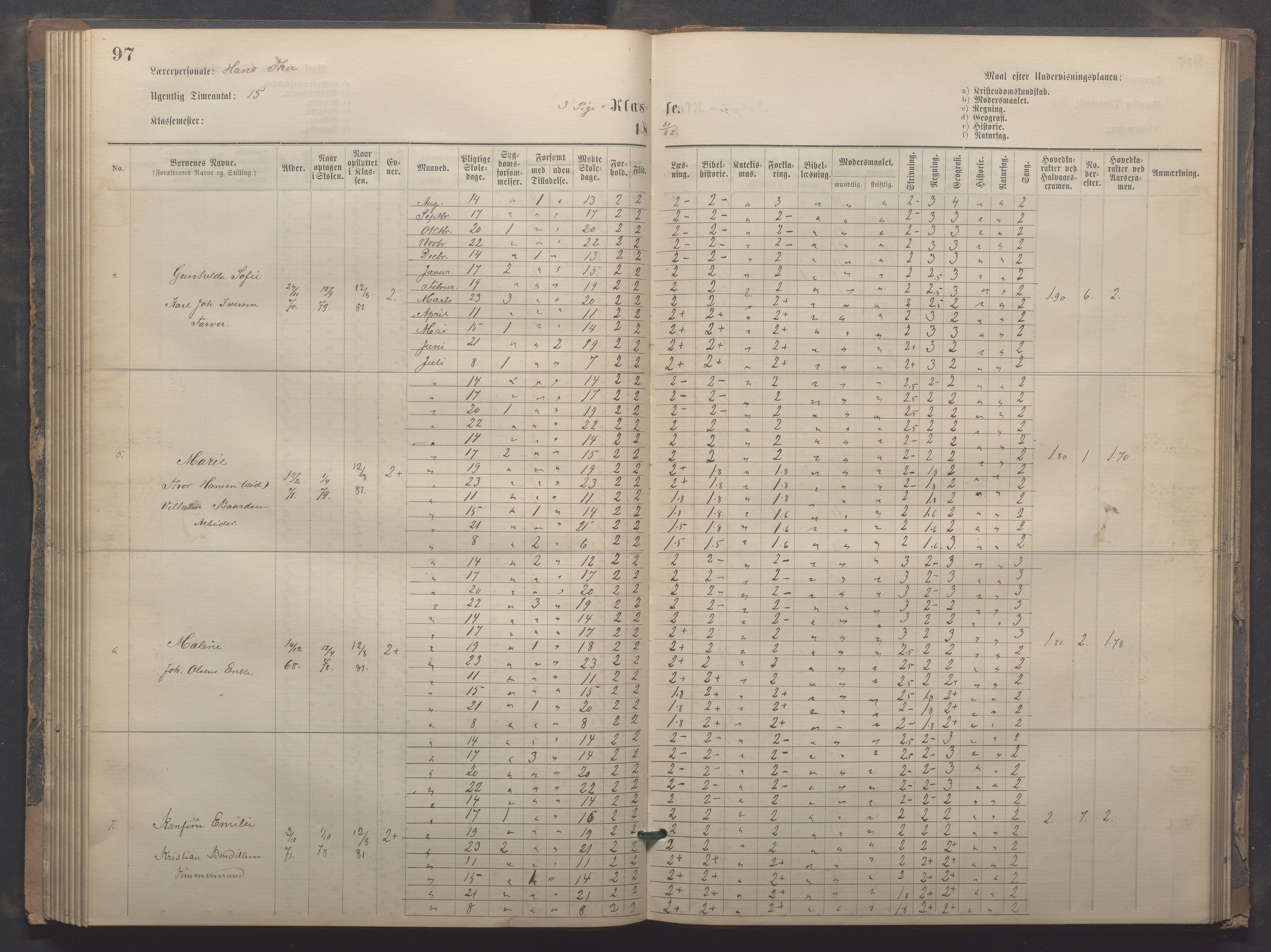 Egersund kommune (Ladested) - Egersund almueskole/folkeskole, IKAR/K-100521/H/L0020: Skoleprotokoll - Almueskolen, 3./4. klasse, 1878-1887, p. 97