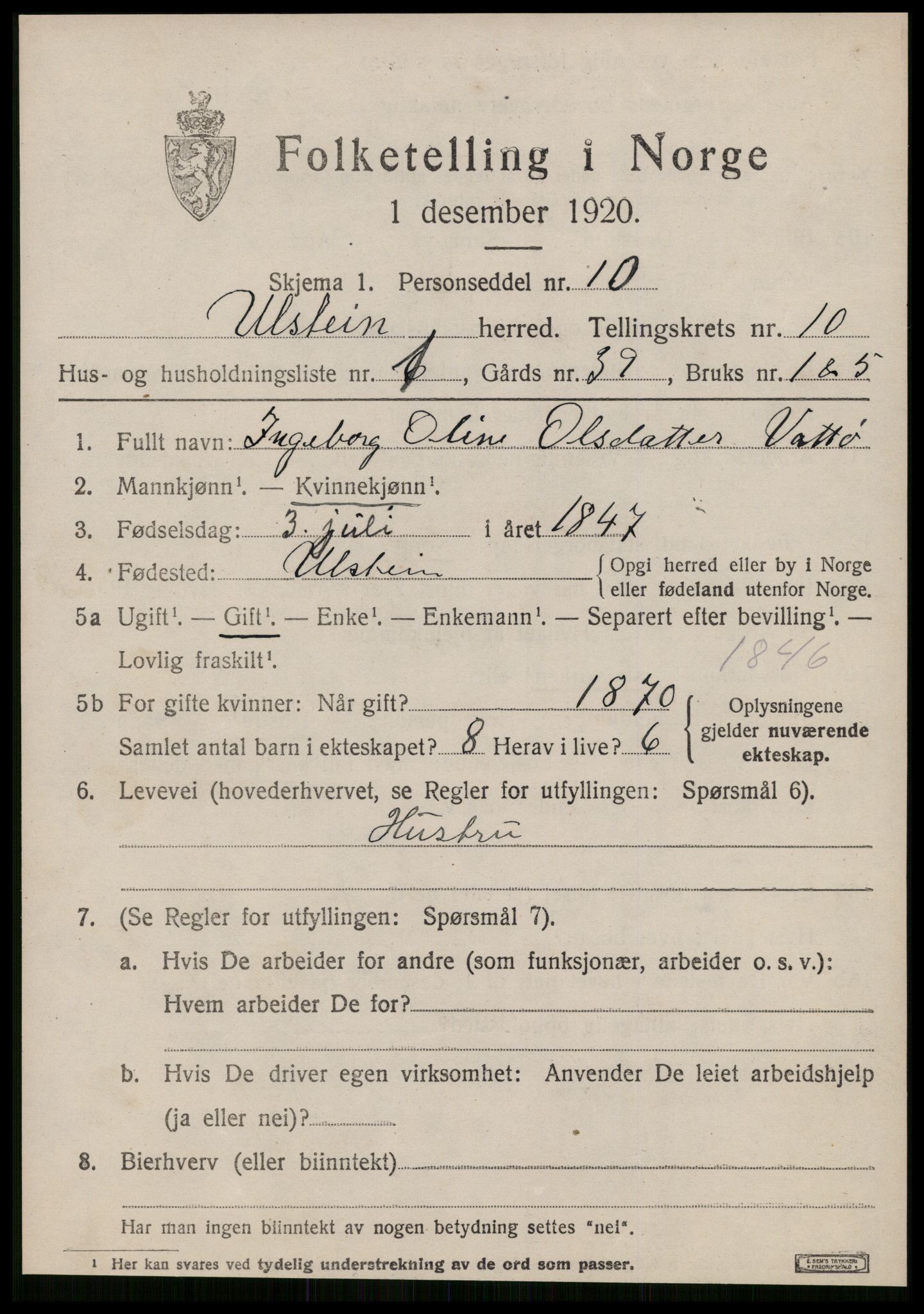 SAT, 1920 census for Ulstein, 1920, p. 5332