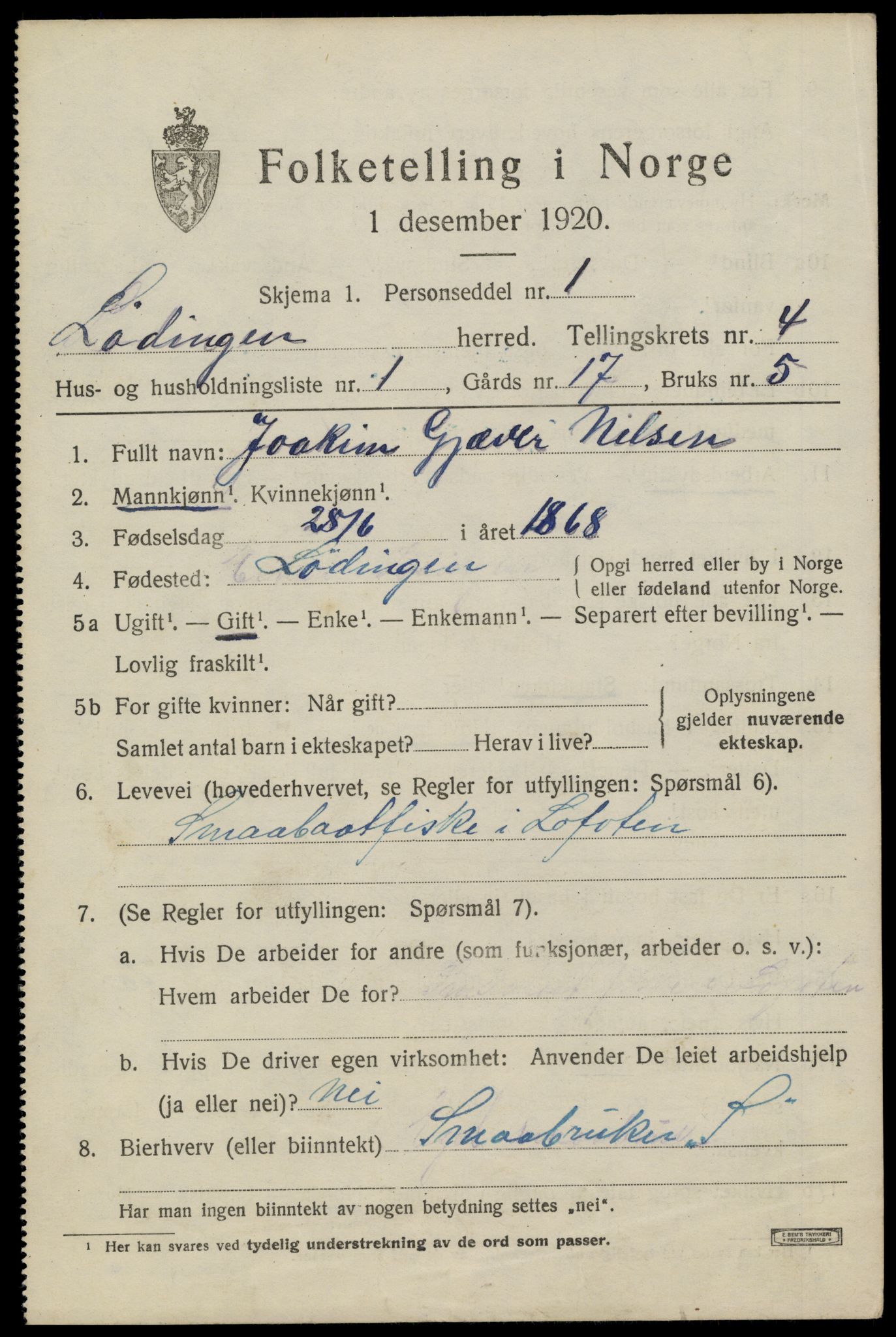 SAT, 1920 census for Lødingen, 1920, p. 2599