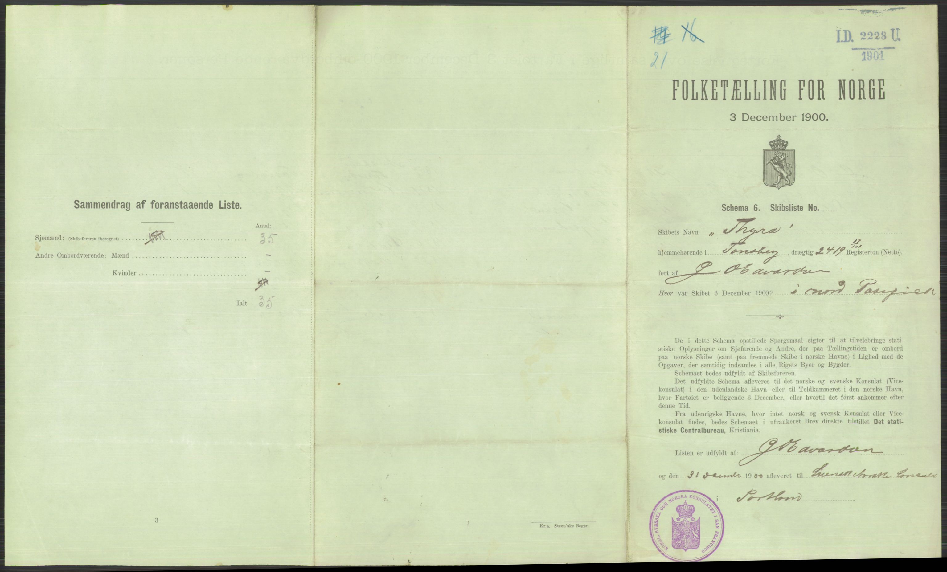 RA, 1900 Census - ship lists from ships in Norwegian harbours, harbours abroad and at sea, 1900, p. 6173