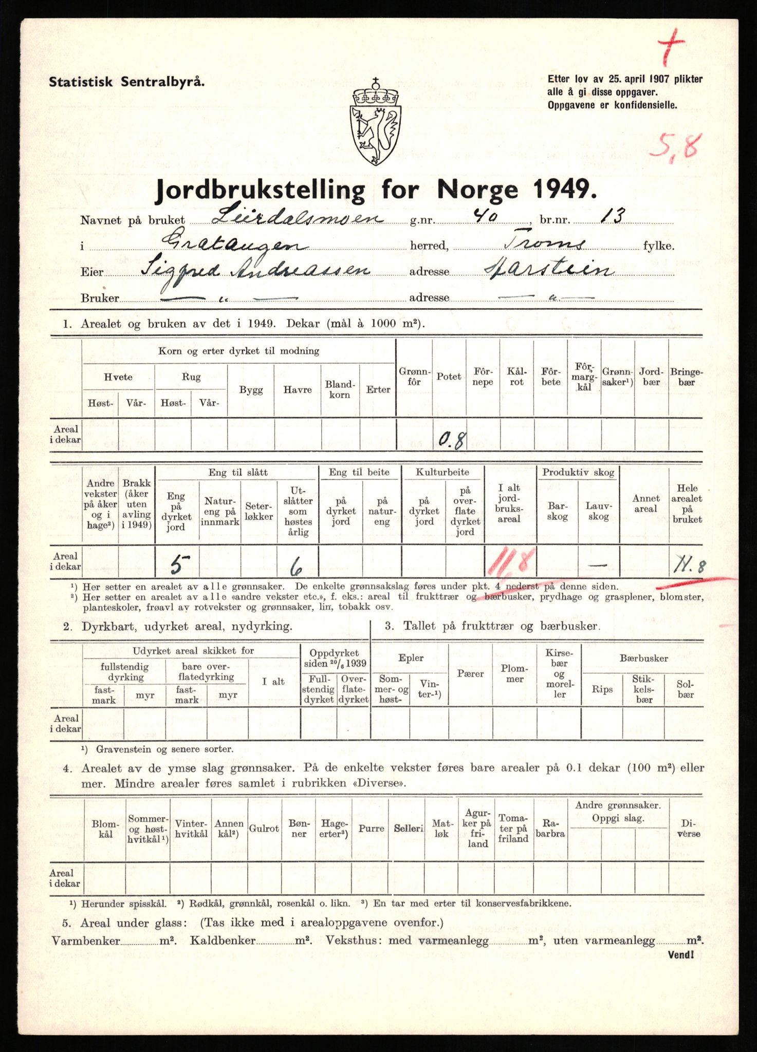 Statistisk sentralbyrå, Næringsøkonomiske emner, Jordbruk, skogbruk, jakt, fiske og fangst, AV/RA-S-2234/G/Gc/L0437: Troms: Gratangen og Lavangen, 1949, p. 691