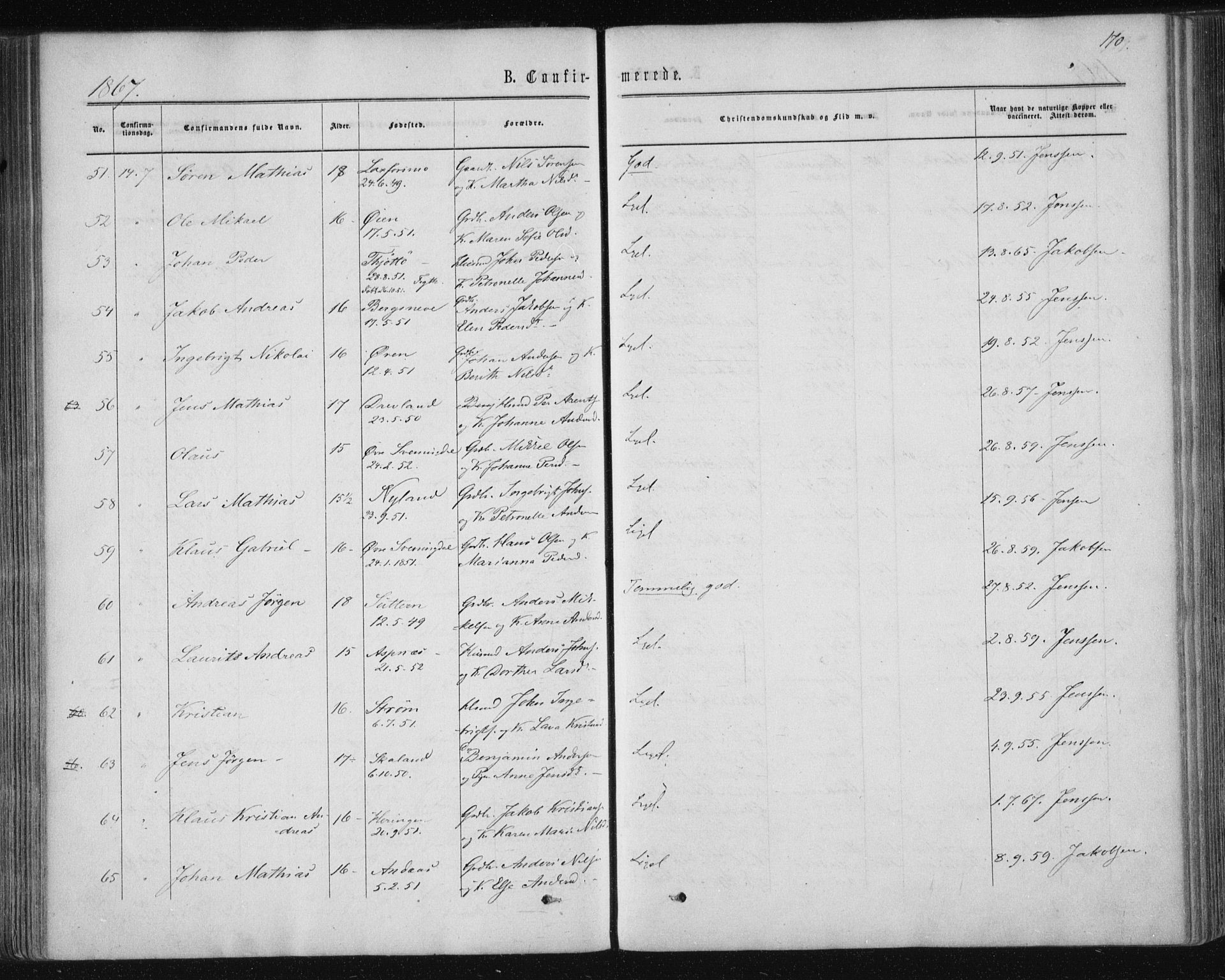 Ministerialprotokoller, klokkerbøker og fødselsregistre - Nordland, SAT/A-1459/820/L0294: Parish register (official) no. 820A15, 1866-1879, p. 170