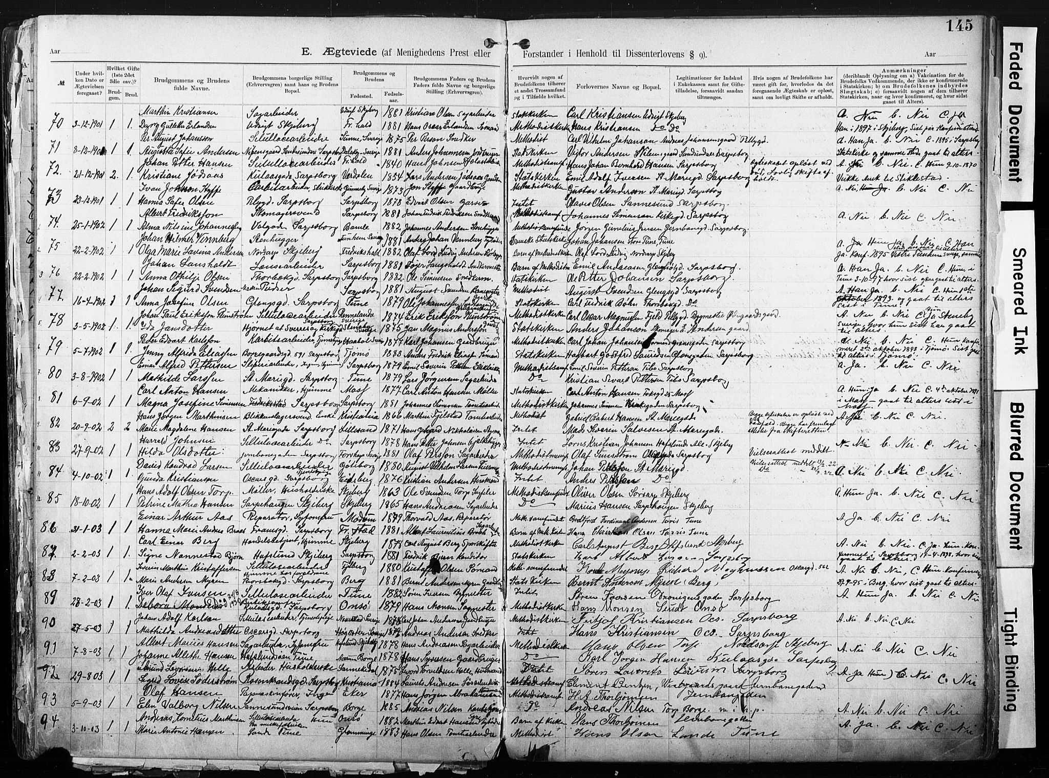 Sarpsborg metodistkirke, SAO/PAO-0233/A/L0004: Dissenter register no. 4, 1892-1923, p. 145