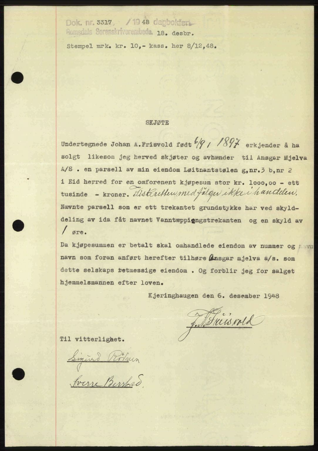 Romsdal sorenskriveri, AV/SAT-A-4149/1/2/2C: Mortgage book no. A28, 1948-1949, Diary no: : 3317/1948