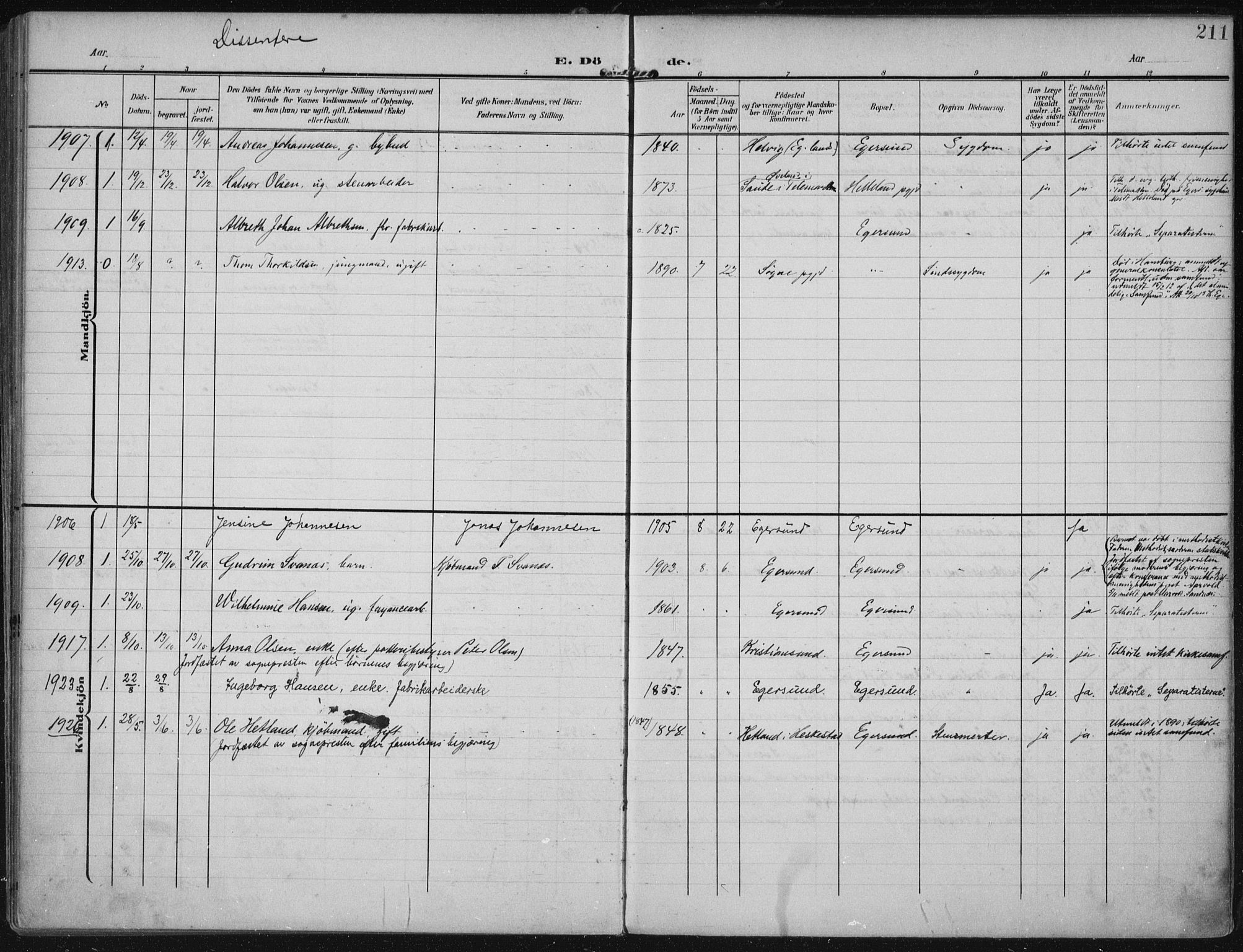 Eigersund sokneprestkontor, SAST/A-101807/S08/L0022: Parish register (official) no. A 21, 1905-1928, p. 211
