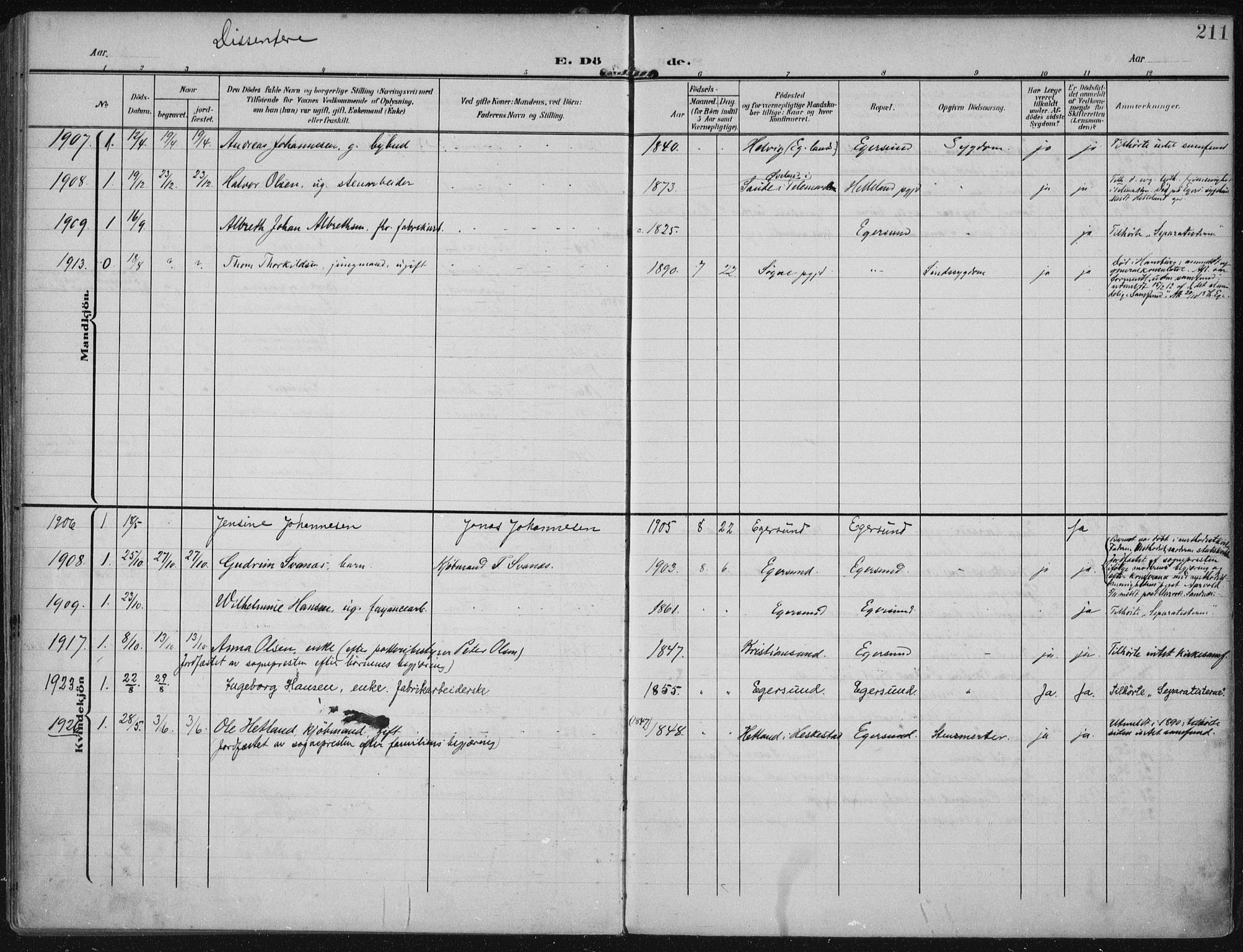 Eigersund sokneprestkontor, AV/SAST-A-101807/001/30/30BA/L0022: Parish register (official) no. A 21, 1905-1928, p. 211