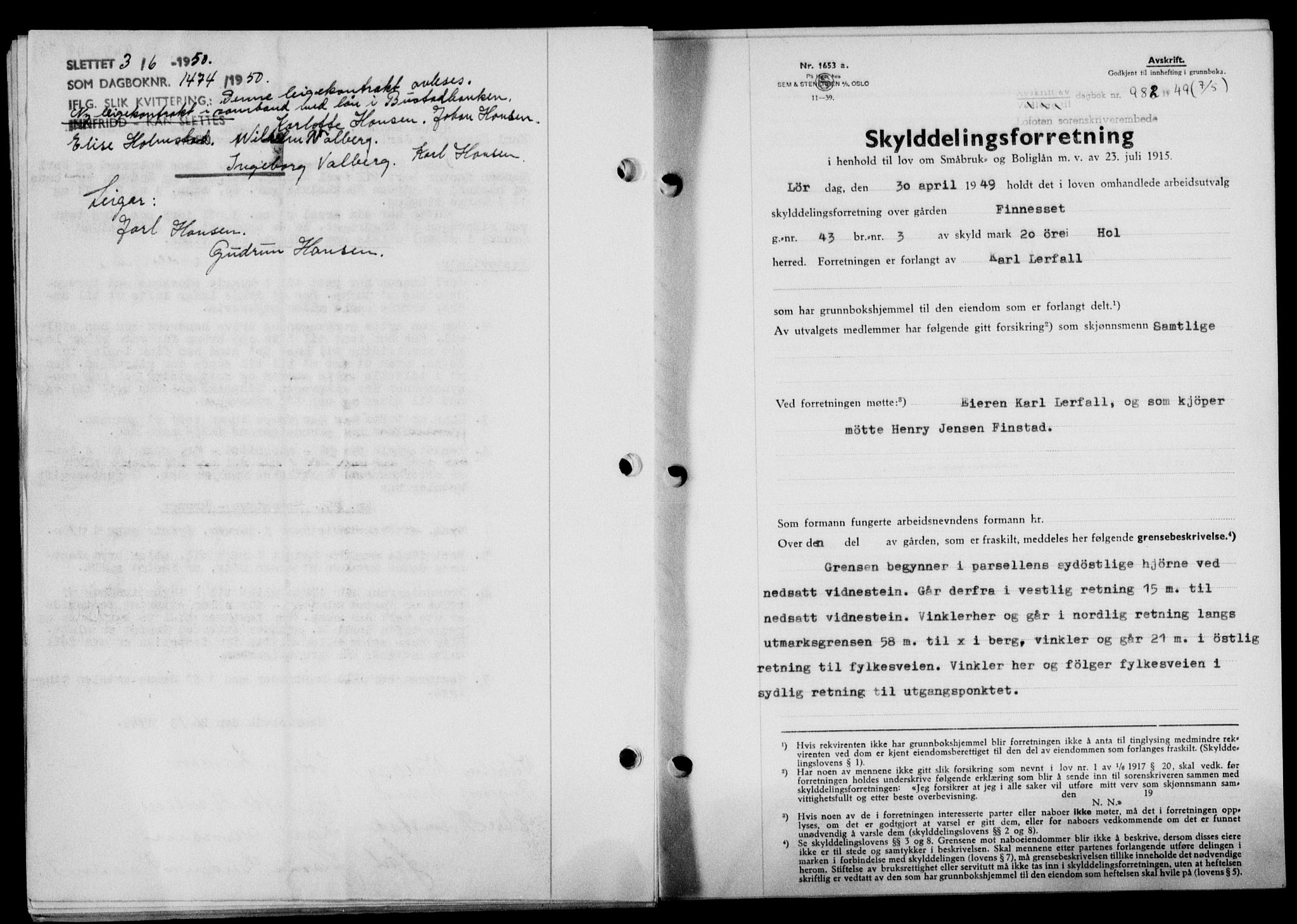 Lofoten sorenskriveri, SAT/A-0017/1/2/2C/L0020a: Mortgage book no. 20a, 1948-1949, Diary no: : 982/1949