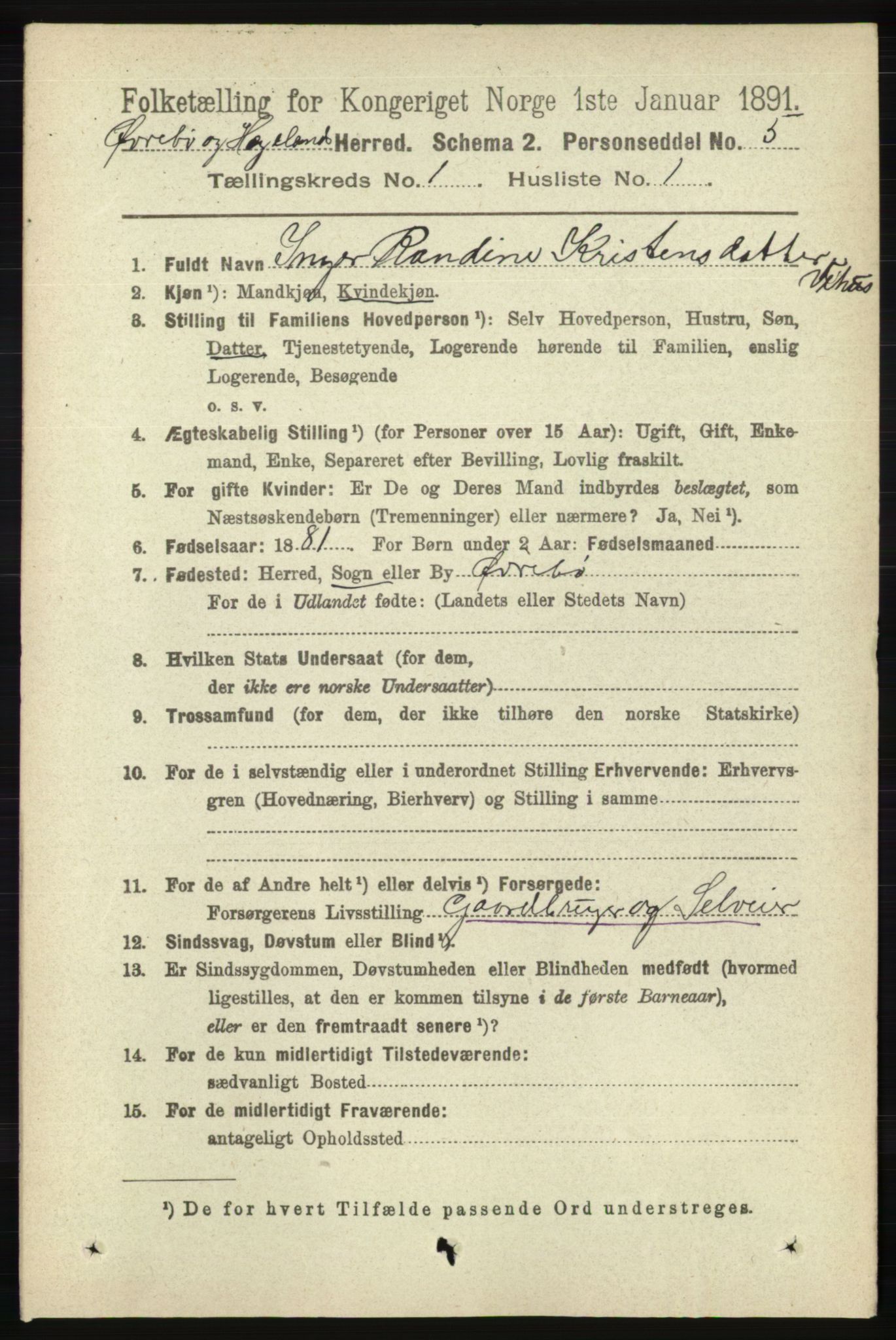 RA, 1891 census for 1016 Øvrebø og Hægeland, 1891, p. 72