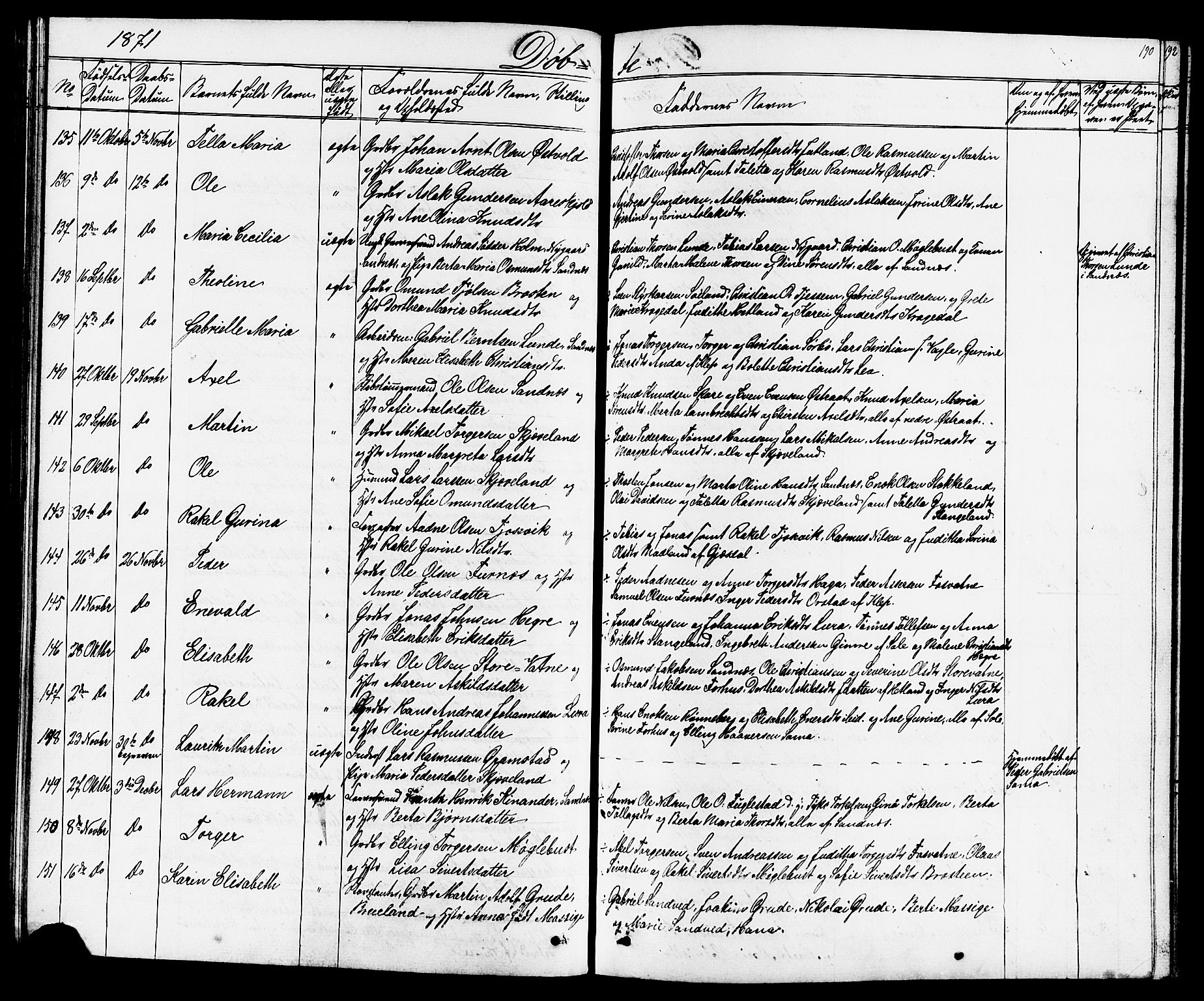 Høyland sokneprestkontor, SAST/A-101799/001/30BB/L0001: Parish register (copy) no. B 1, 1854-1873, p. 190