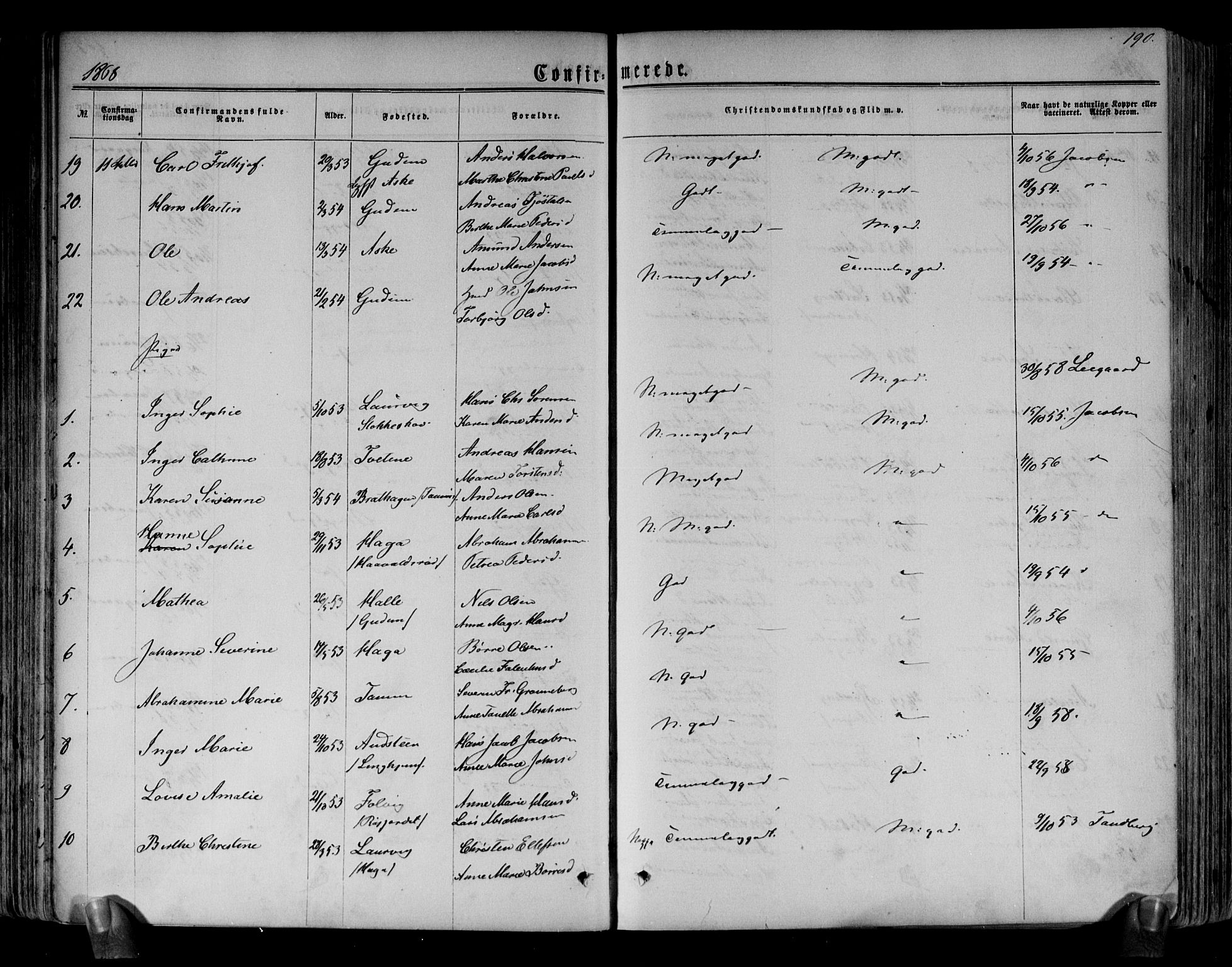 Brunlanes kirkebøker, AV/SAKO-A-342/F/Fa/L0005: Parish register (official) no. I 5, 1862-1877, p. 190