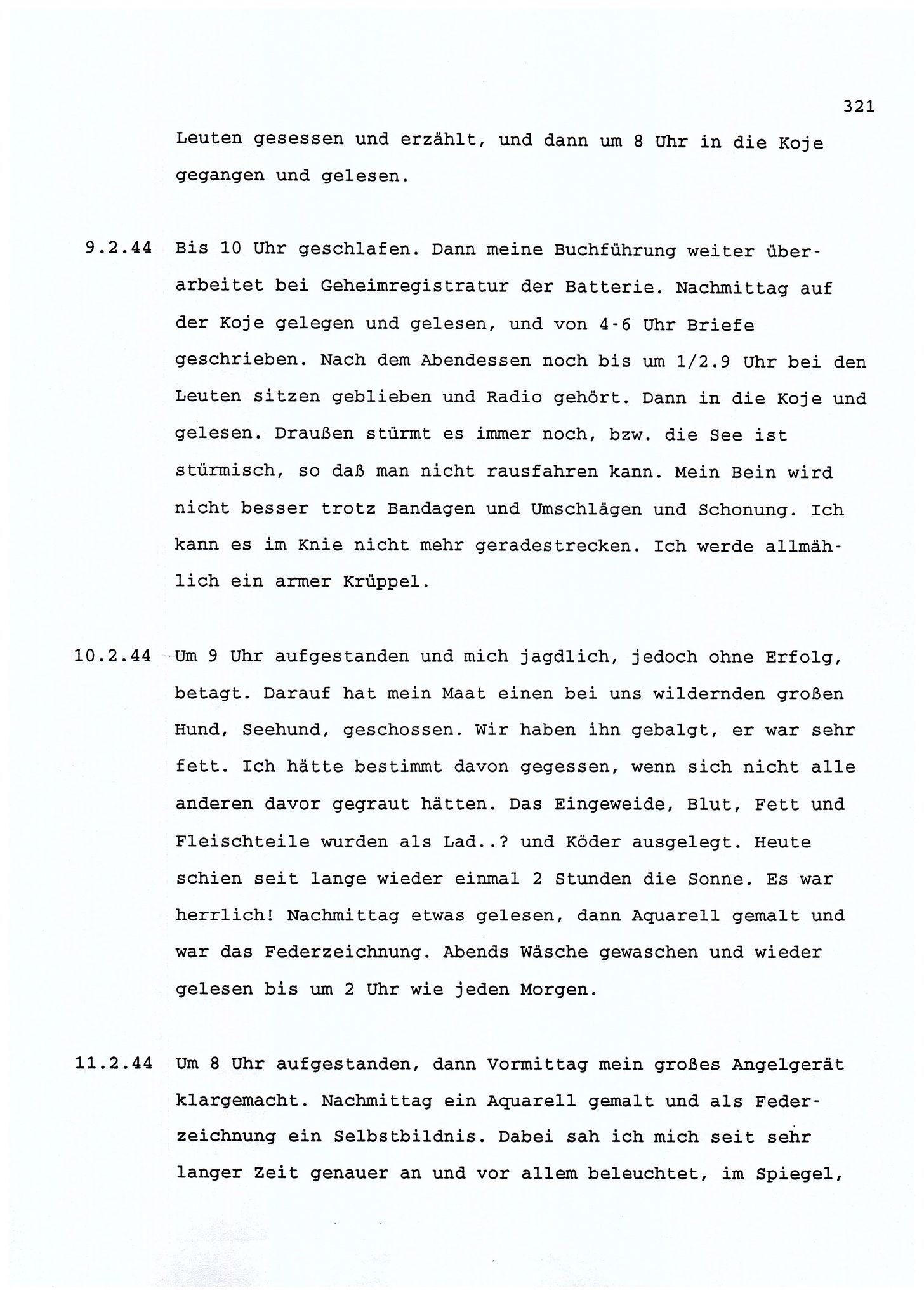 Dagbokopptegnelser av en tysk marineoffiser stasjonert i Norge , FMFB/A-1160/F/L0001: Dagbokopptegnelser av en tysk marineoffiser stasjonert i Norge, 1941-1944, p. 321