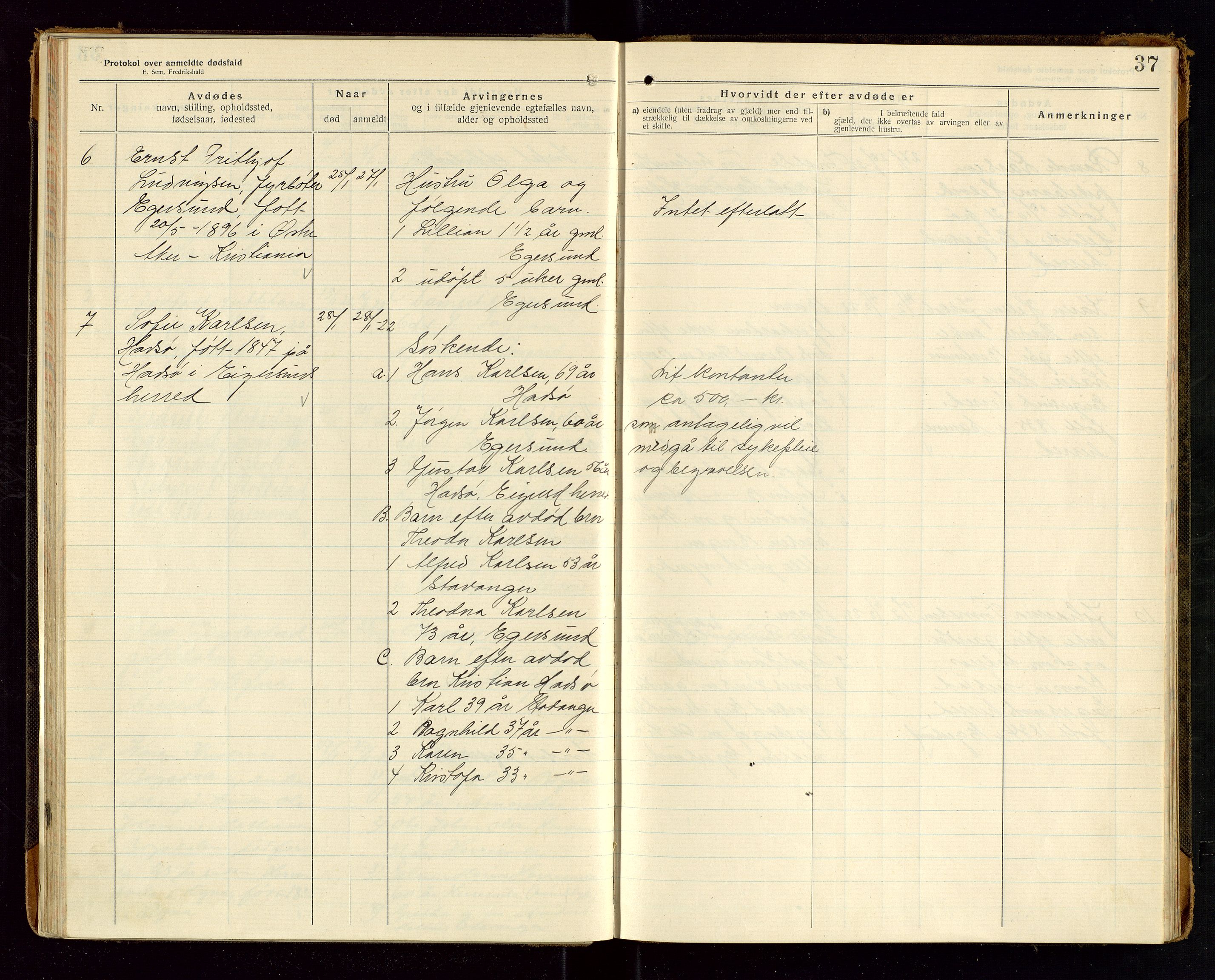 Eigersund lensmannskontor, SAST/A-100171/Gga/L0008: "Protokol over anmeldte dødsfald" m/alfabetisk navneregister, 1920-1922, p. 37