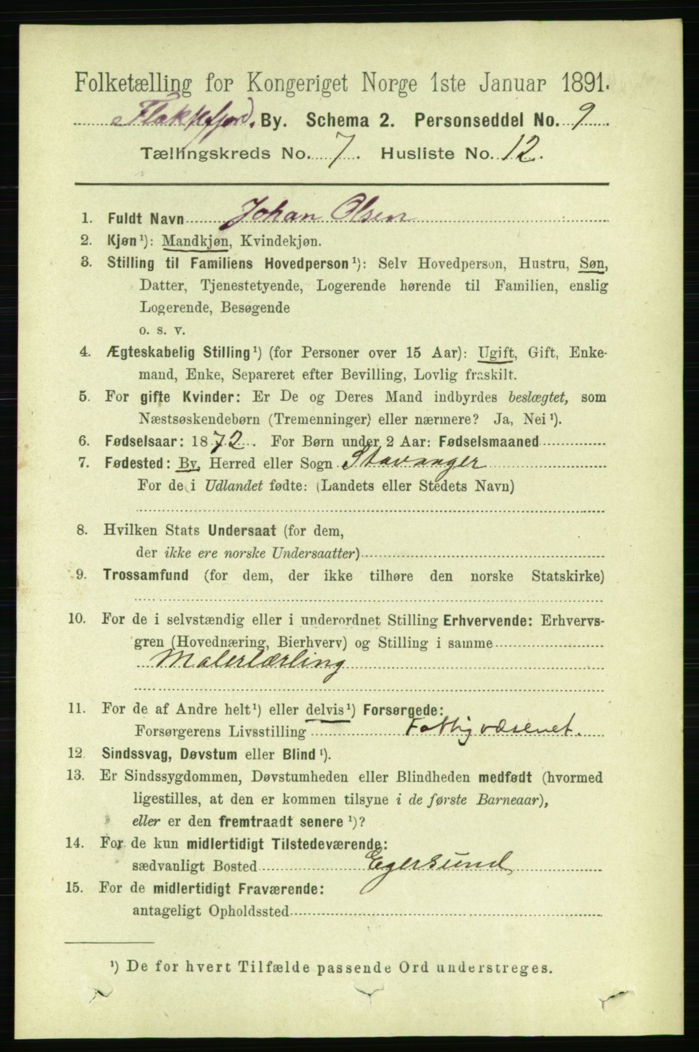 RA, 1891 census for 1004 Flekkefjord, 1891, p. 1356