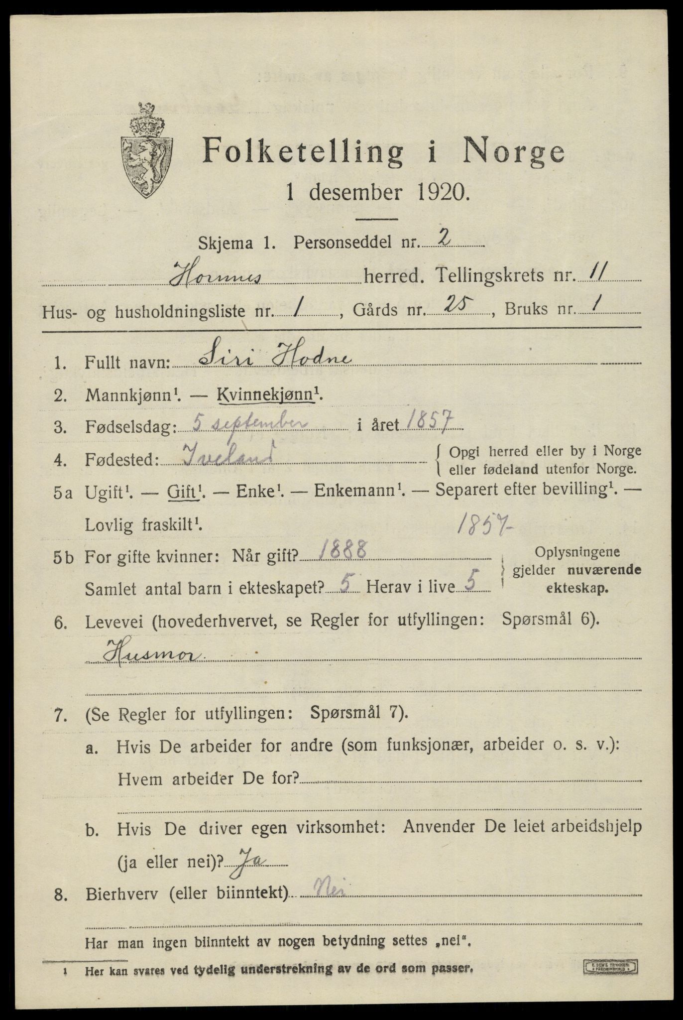 SAK, 1920 census for Hornnes, 1920, p. 2637