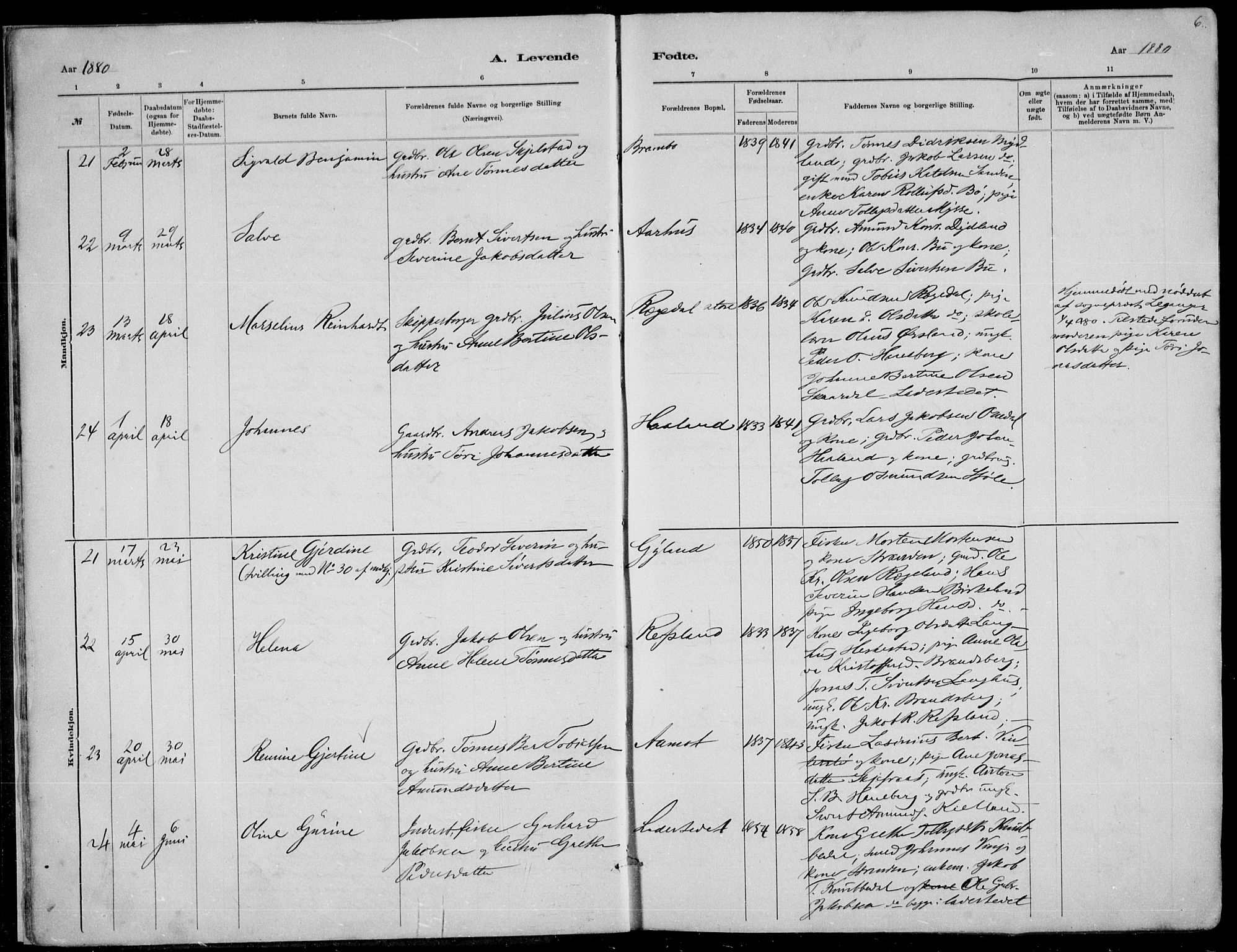 Sokndal sokneprestkontor, AV/SAST-A-101808: Parish register (copy) no. B 4, 1880-1891, p. 6