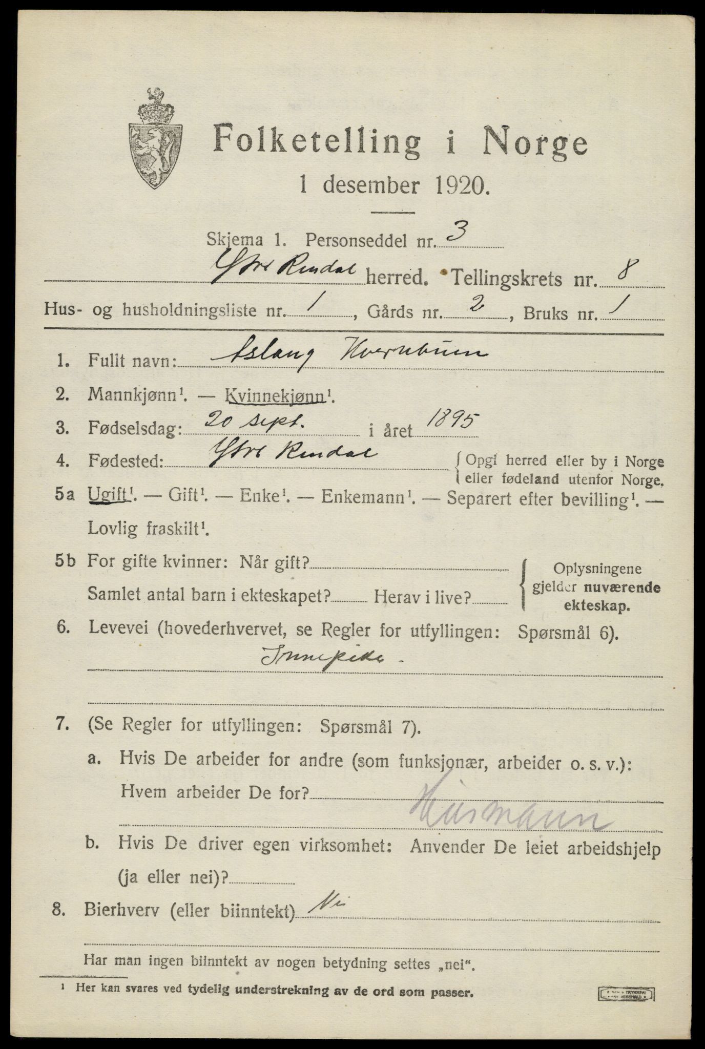 SAH, 1920 census for Ytre Rendal, 1920, p. 3919