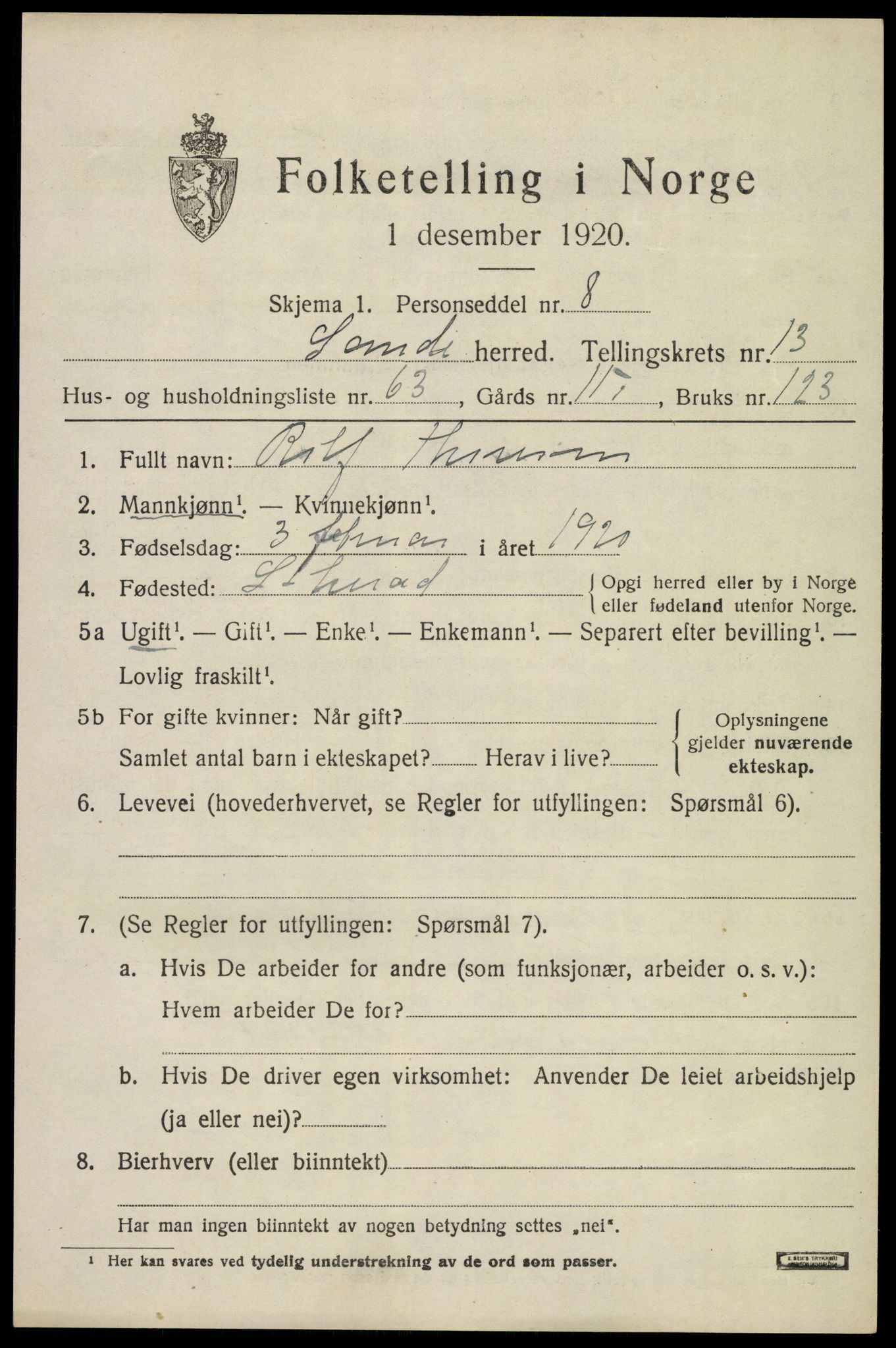 SAKO, 1920 census for Sandeherred, 1920, p. 20172