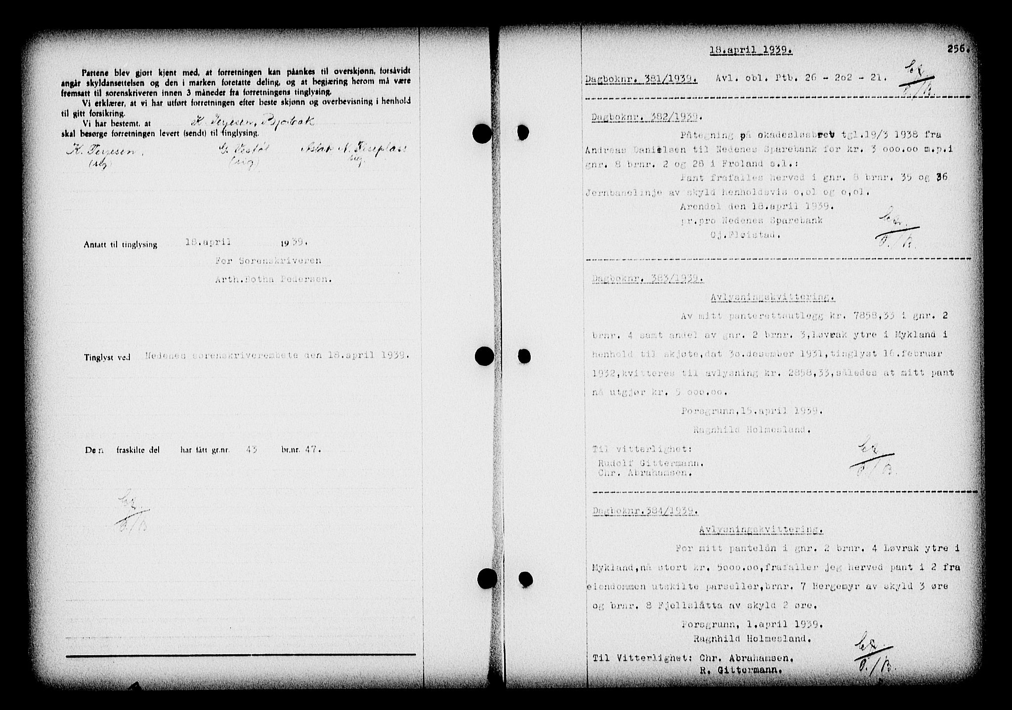 Nedenes sorenskriveri, SAK/1221-0006/G/Gb/Gba/L0046: Mortgage book no. 42, 1938-1939, Diary no: : 381/1939